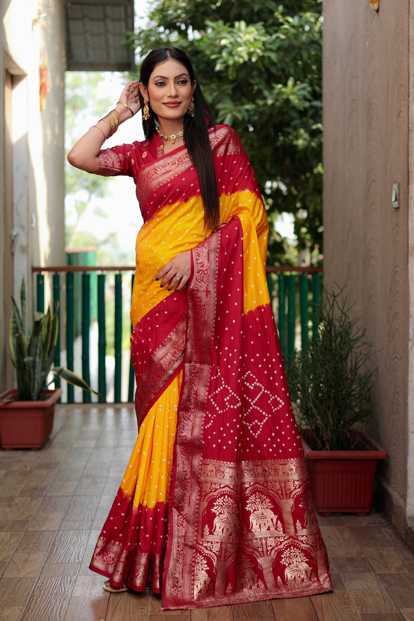 Yellow Vahini Pure Bandhej Silk Saree With Bandhej Border & Zari Weaving Rich Tissue Pallu