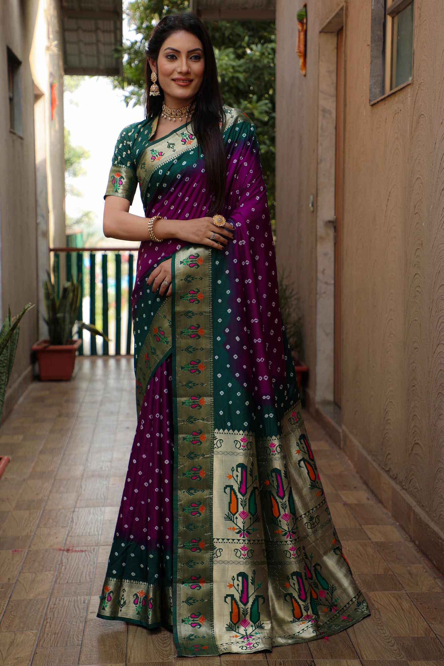 Purple Chandani Dola Soft Silk Bandhej Sarees Jari Paithani Weaving Border & Weaving Paithani Style Rich Pallu