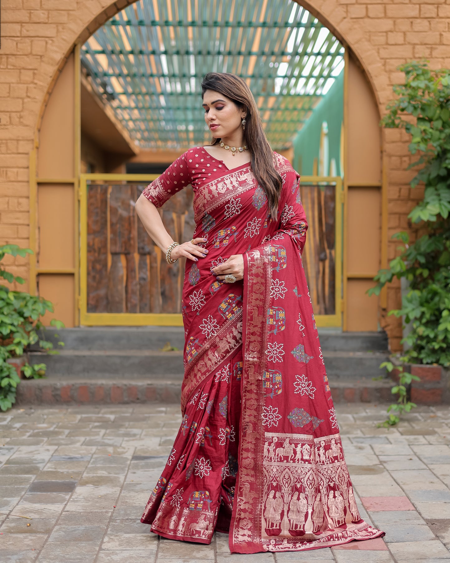 Maroon Mastani Soft Dola Silk Bandhej Print Sarees With Kanchi Weaving Border And Allover Zari Border