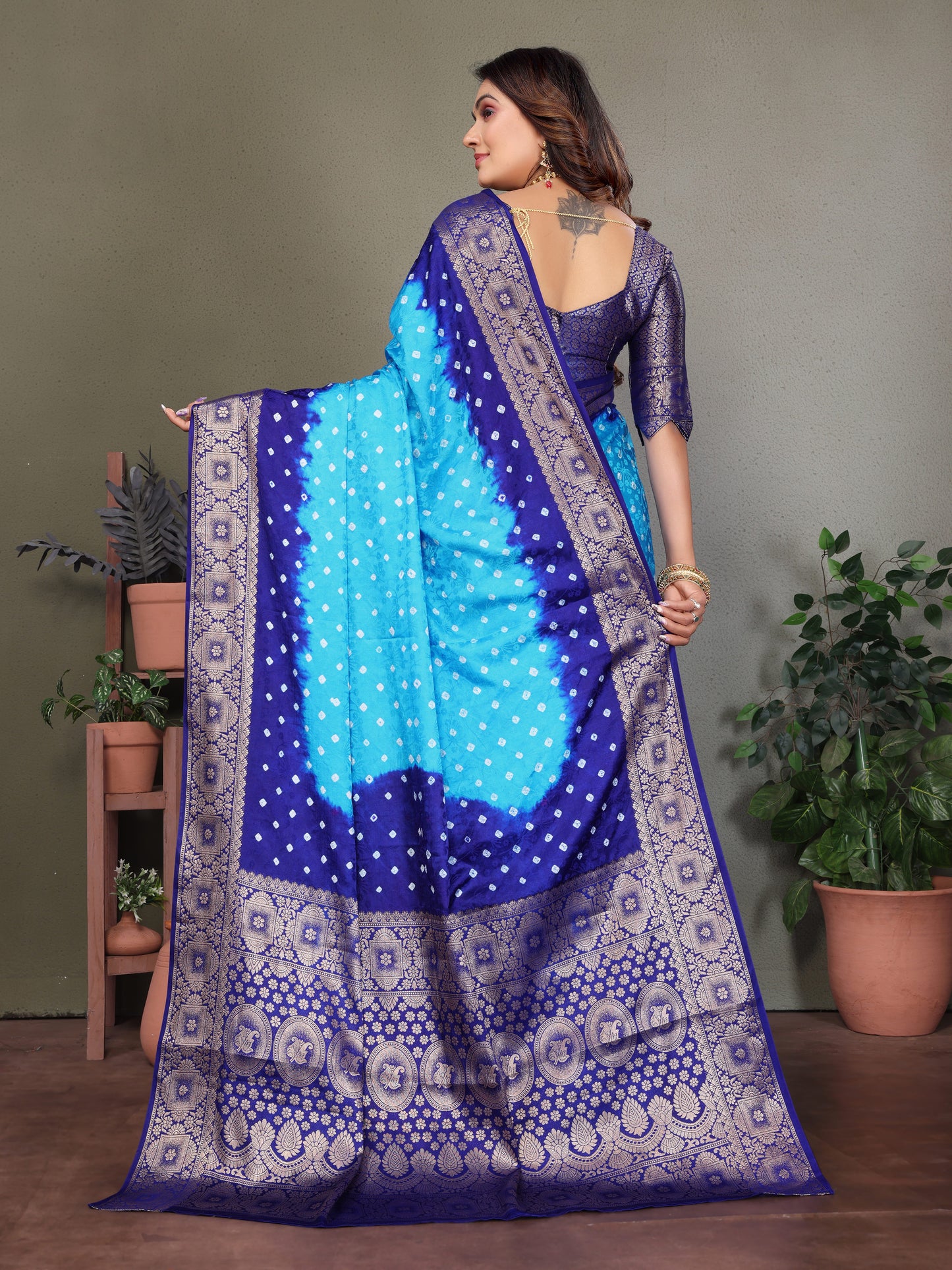 Sky Satyavati Bandhej Satin Silk Saree Made By Original Bandhej With Zari Weaving Border