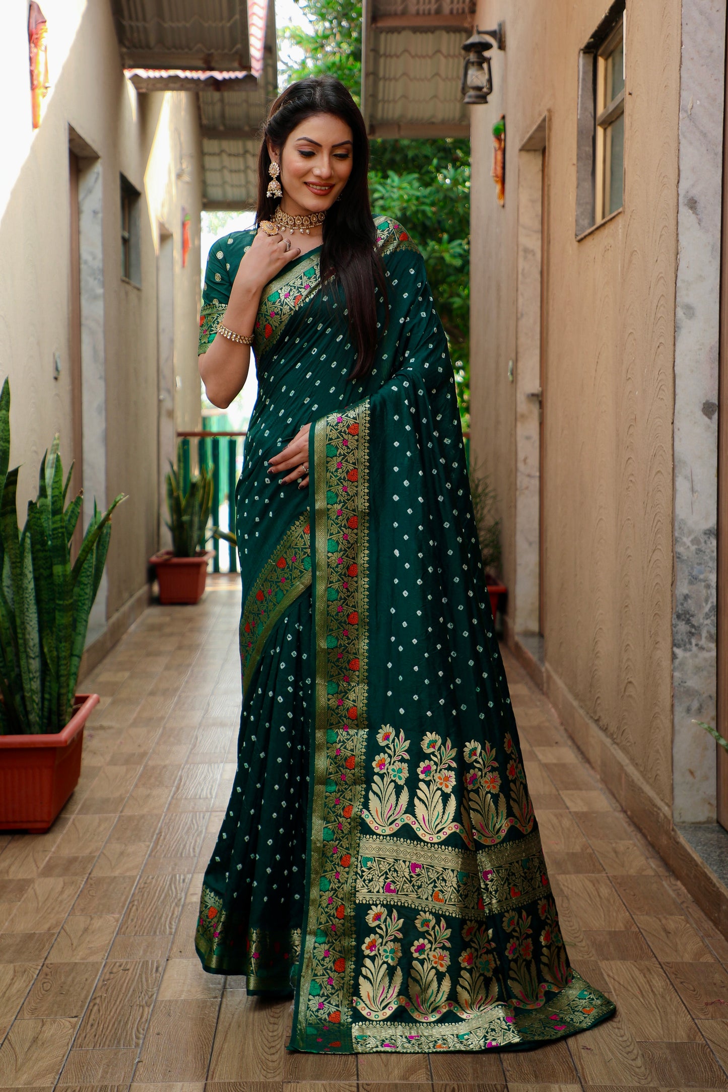 Green Nazakat Pure Bandhej Silk Saree With Patola Border Zari Weaving Paithani And Paithani Rich Pallu