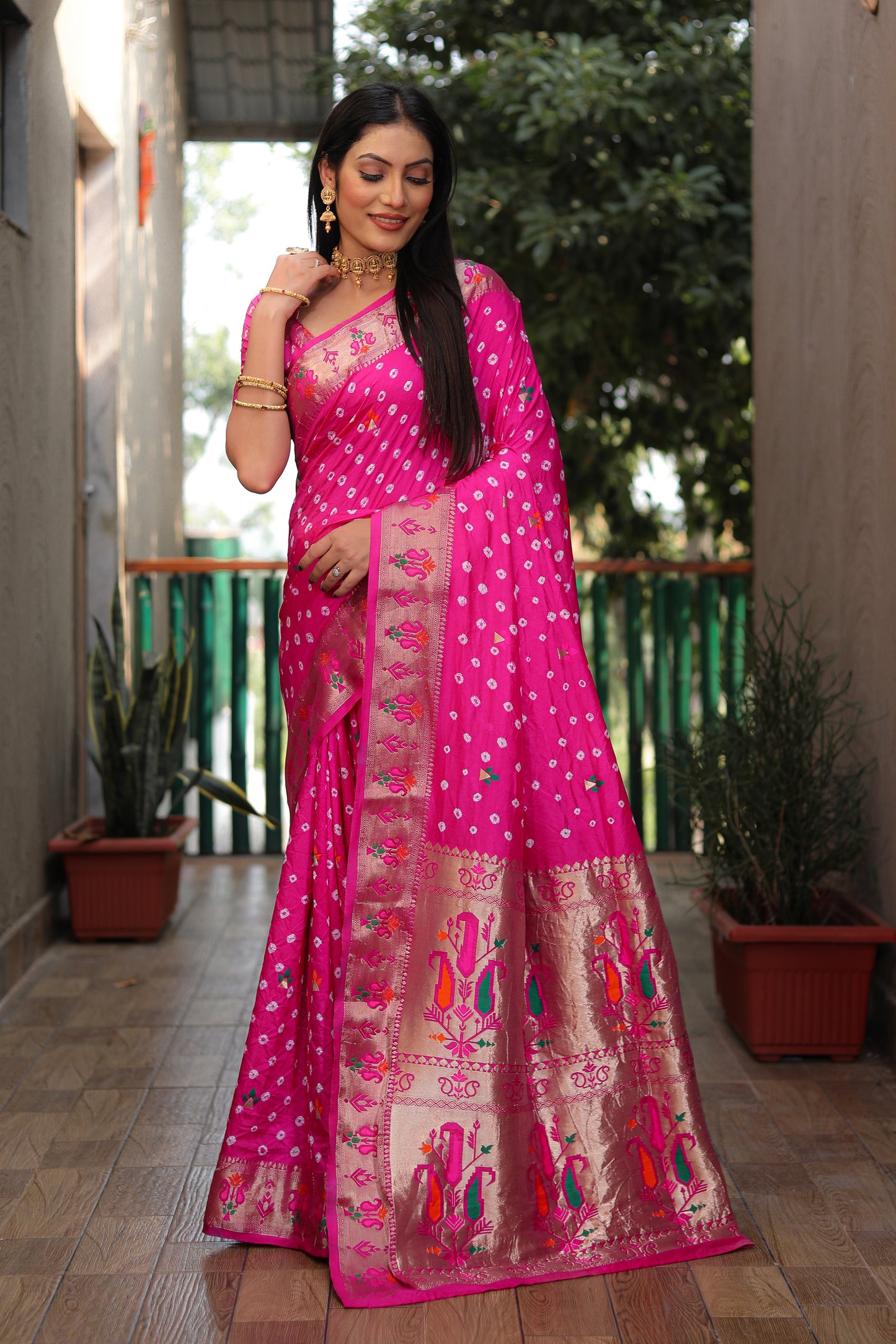 Pink Yogeshwari Dola Soft Silk Bandhej Saree With Jari Border & Weaving Paithani Style Rich Pallu