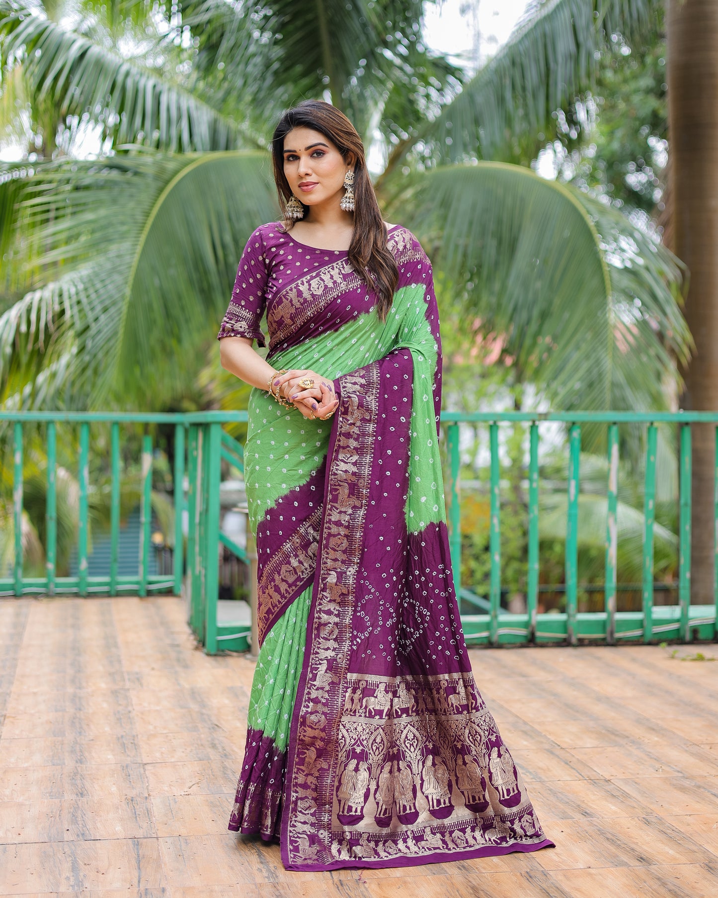 Light Green Vamika Pure Bandhej Silk Saree With Bandhej Border & Zari Weaving Rich Tissue Pallu