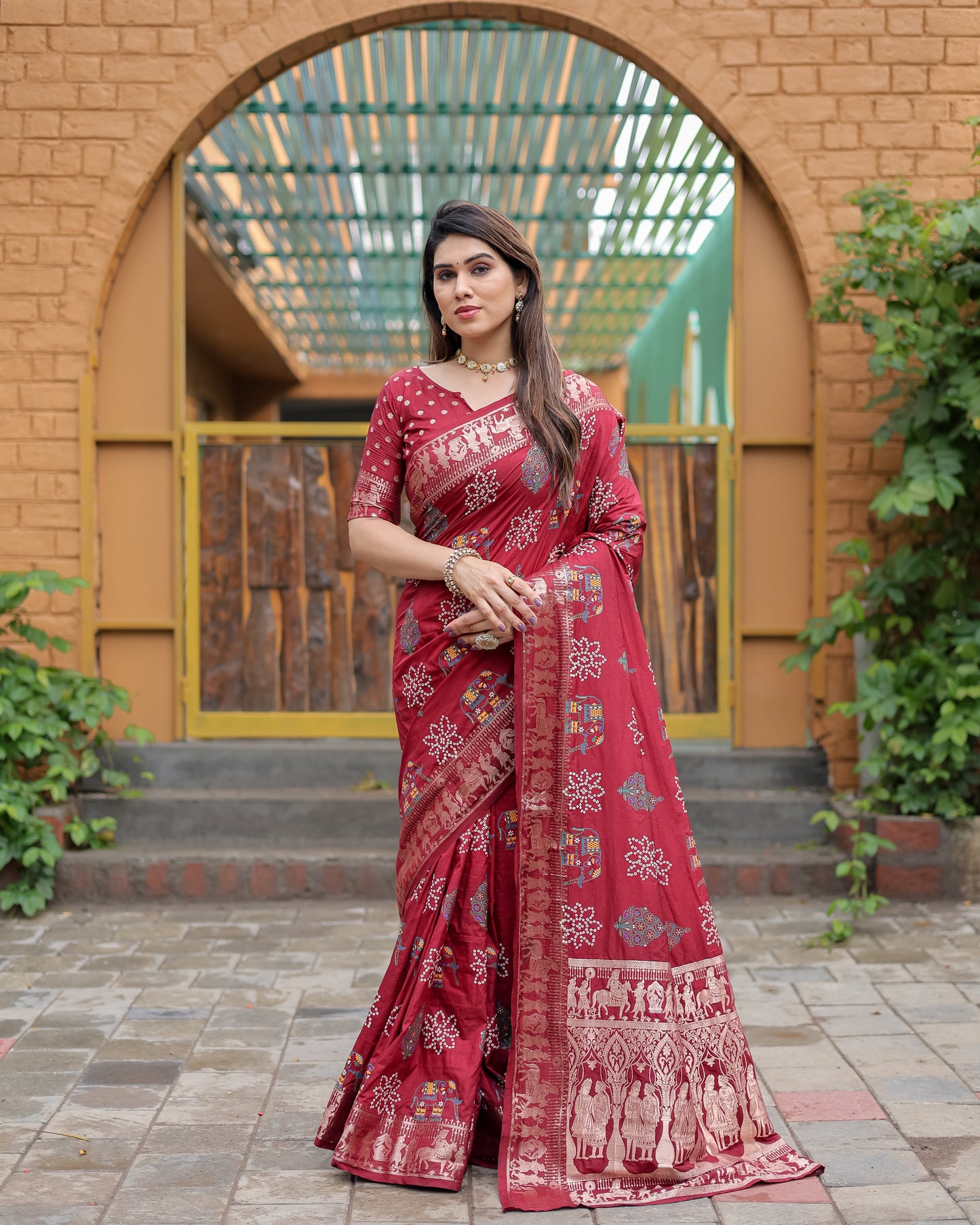 Maroon Mastani Soft Dola Silk Bandhej Print Sarees With Kanchi Weaving Border And Allover Zari Border
