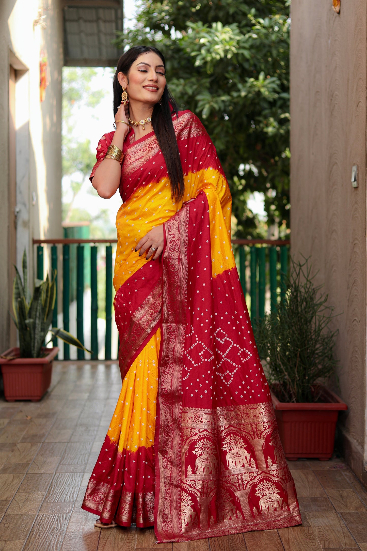 Yellow Vahini Pure Bandhej Silk Saree With Bandhej Border & Zari Weaving Rich Tissue Pallu