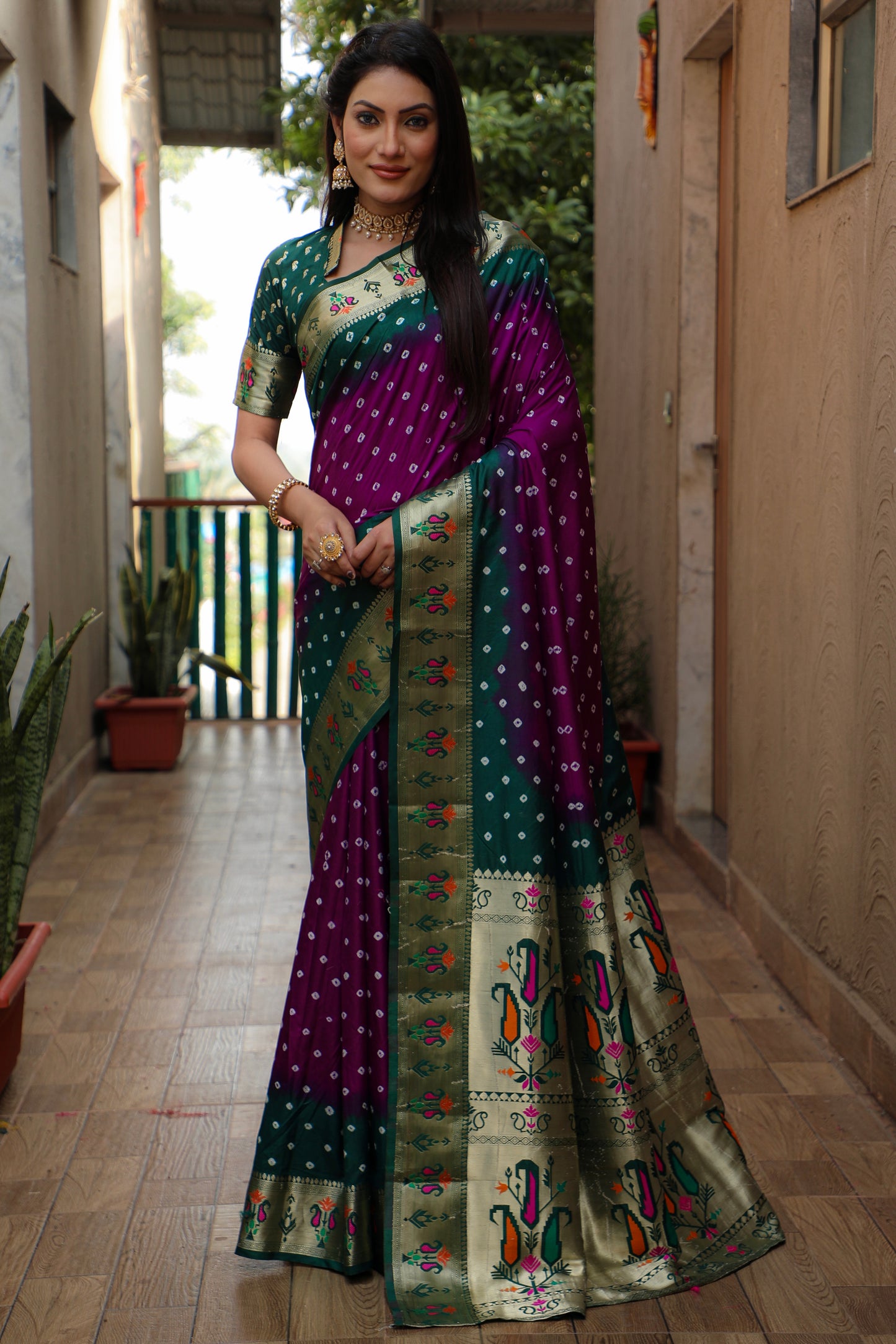 Purple Chandani Dola Soft Silk Bandhej Sarees Jari Paithani Weaving Border & Weaving Paithani Style Rich Pallu
