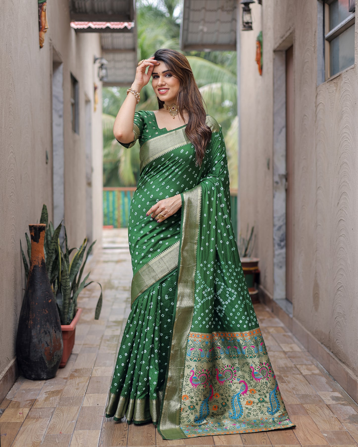 Green Yashomati Dola Soft Silk Bandhej Sarees With Awesome Two Sides Jari Border & Paithani Style Rich Pallu
