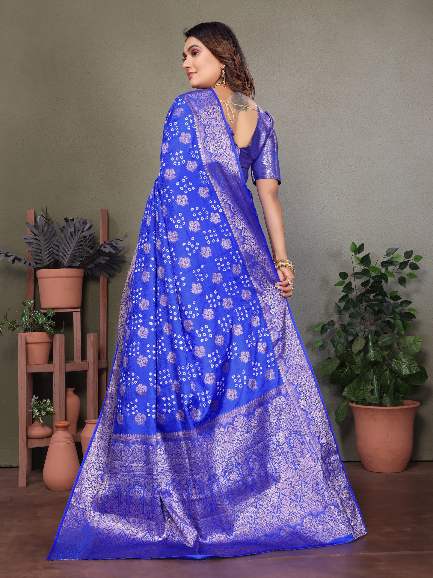 Blue Shakuntala Bandhej Silk Saree With Zari Weaving Butta & Zari Rich Pallu With Beautiful Design & Broad Border
