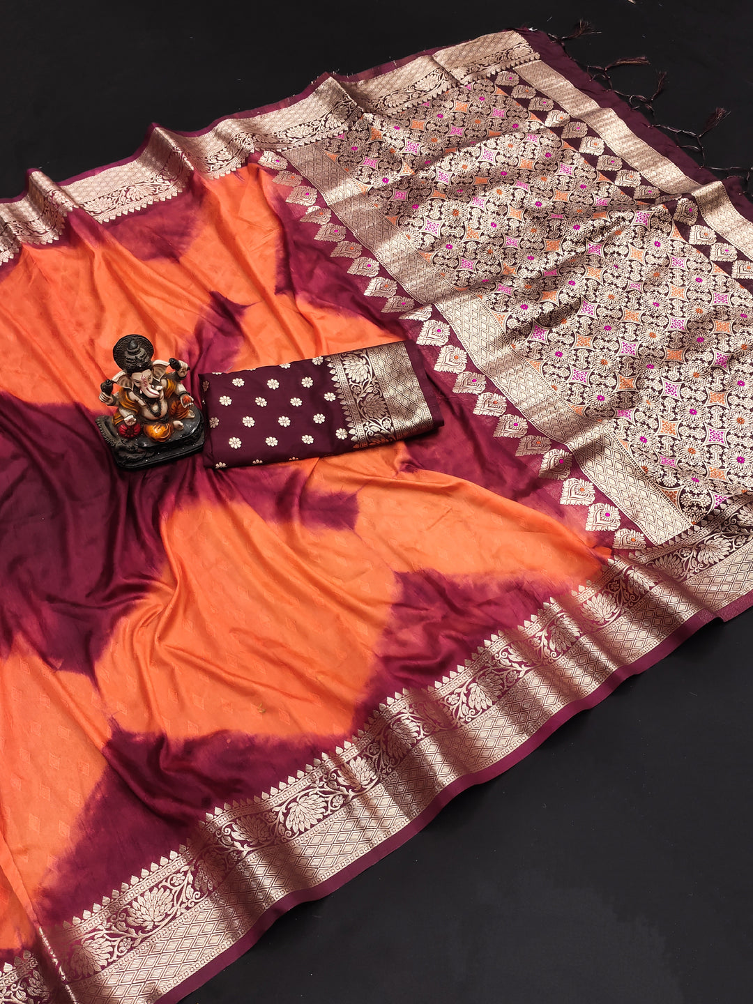 Orange Srushti Sibori Print Paithani Silk Sarees With Gold Zari Paithani Border & Contrast Rich Pallu