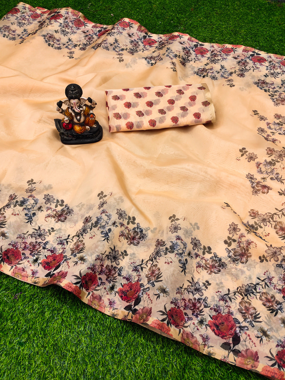Peach Kesariya Organza Digital Print Soft Shiny Art Silk Saree With Inspired Gold Border