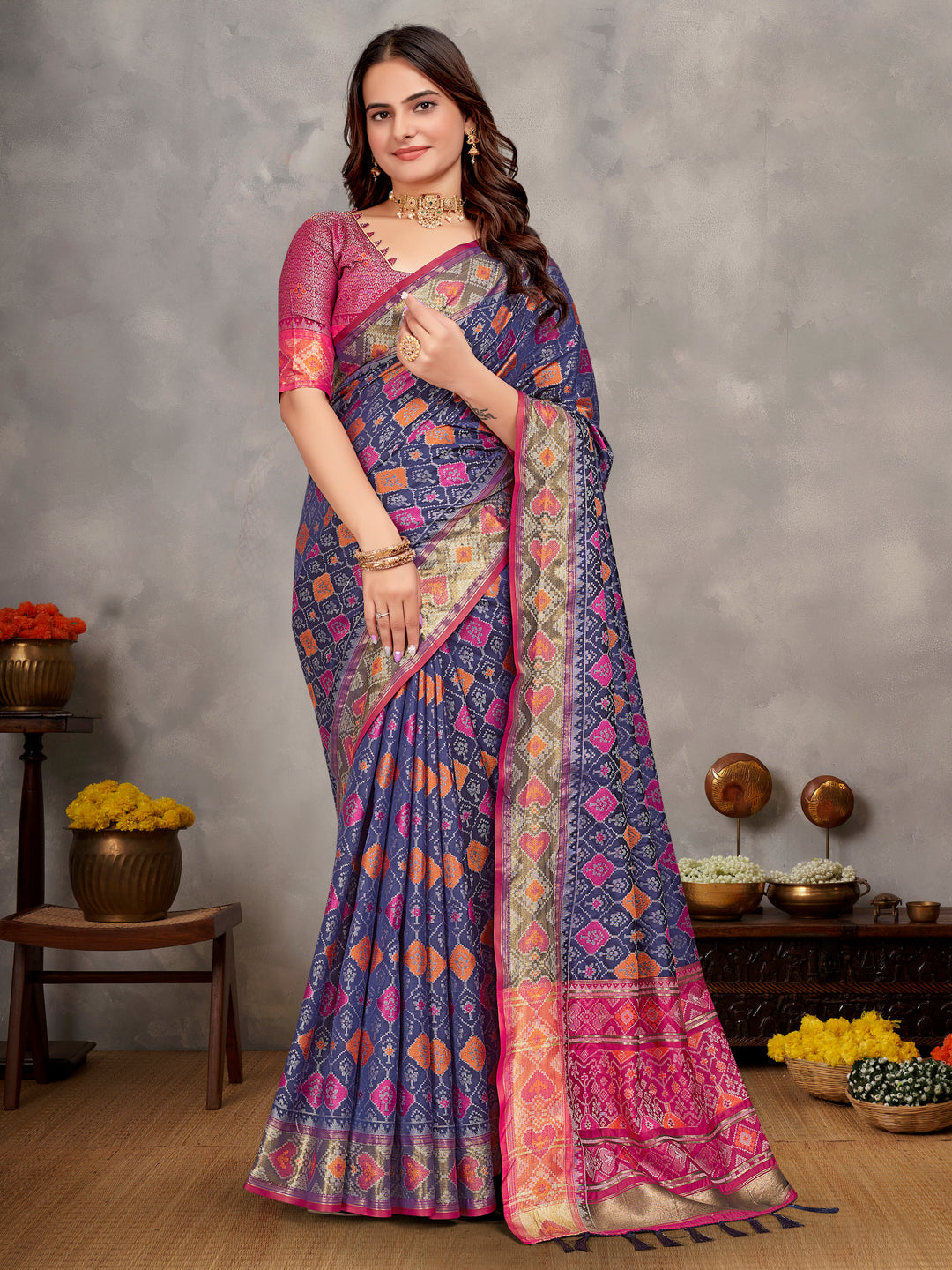 Blue Maya-1 Pure Handloom Silk Ikkat Patola Saree With Kanchi Border and contrast Zari border