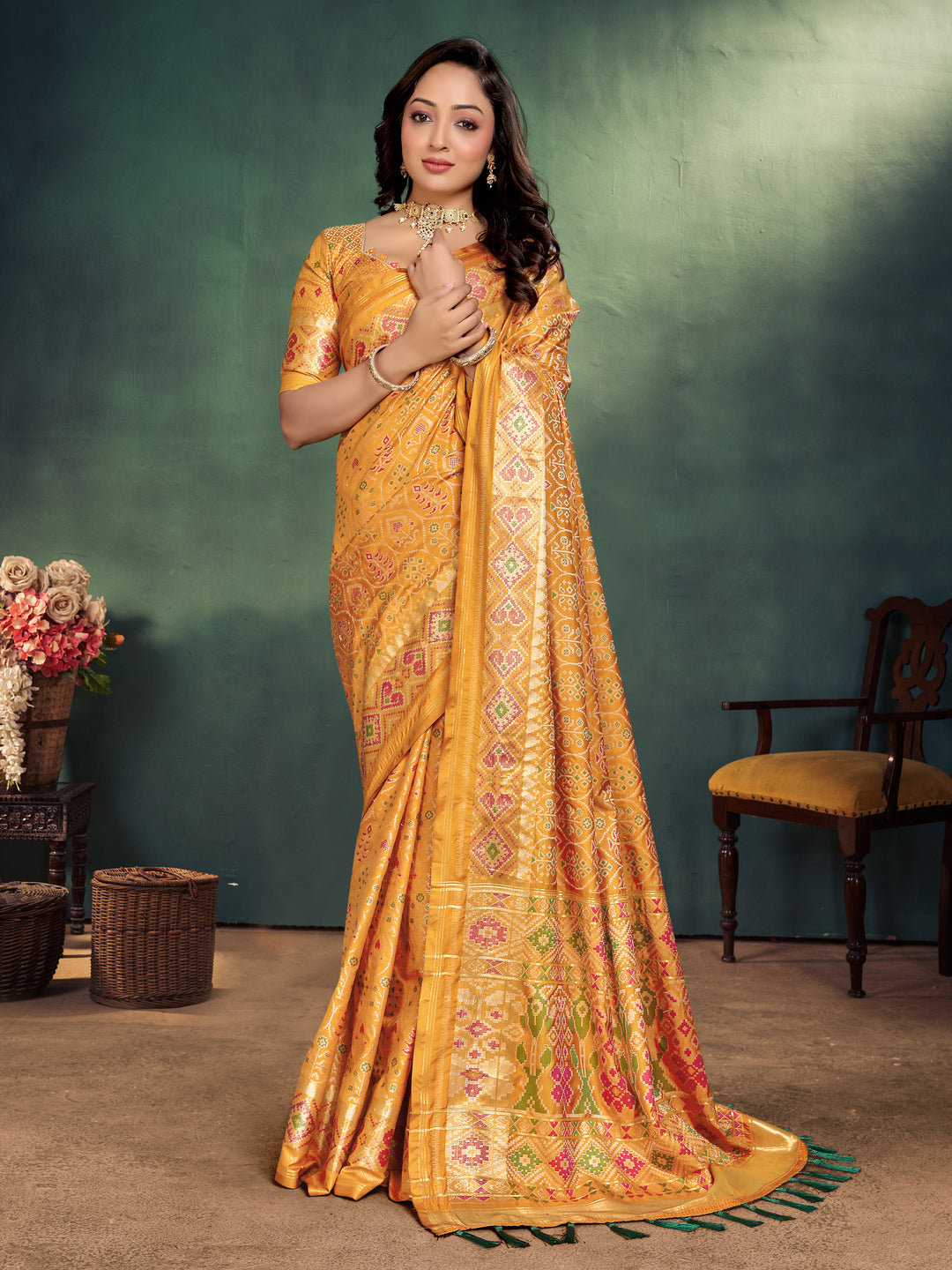 Yellow Maya-2 Pure Handloom Silk Ikkat Patola Saree With Kanchi Border and contrast Zari border