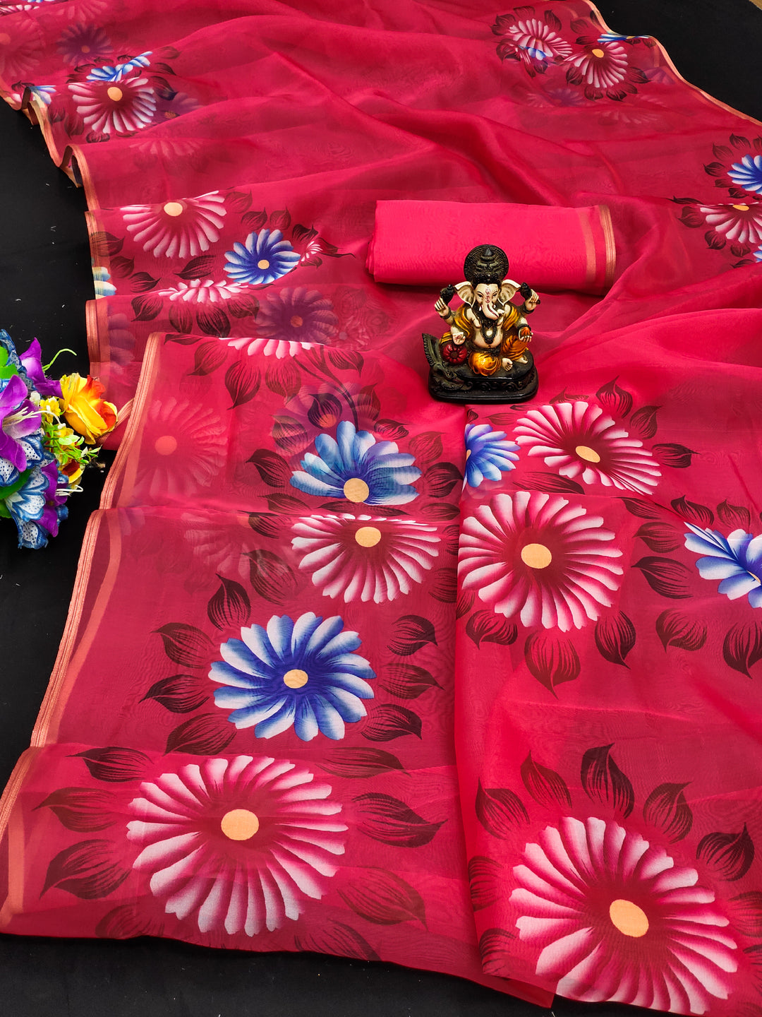 Red Shehnaz Organza Digital Print Soft Shiny Art Silk Saree With Inspired Gold Border