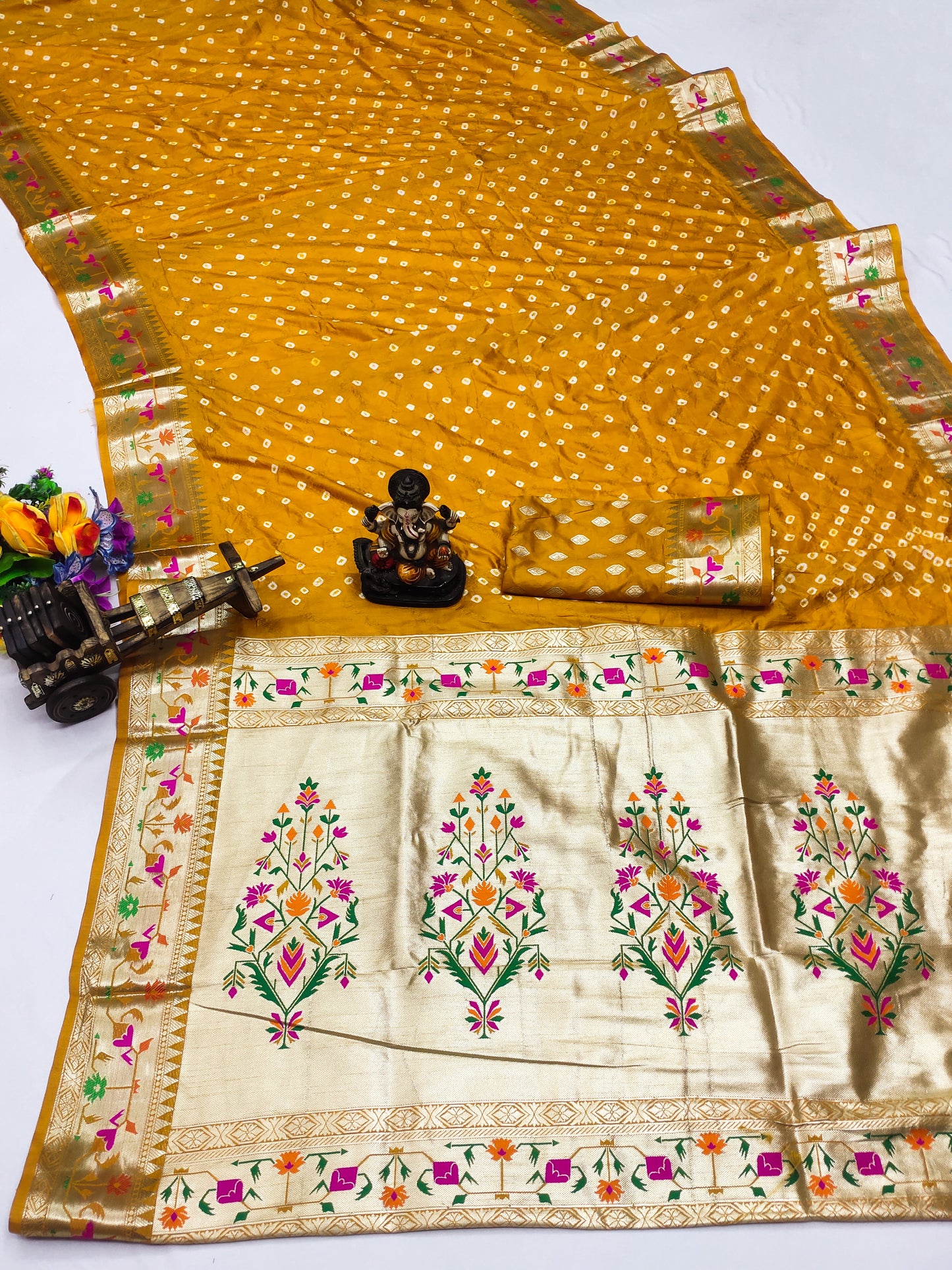 Yellow Janki Pure Bandhej Silk Saree With Beautiful Design And Having A Minakari Rich Pallu With Zari