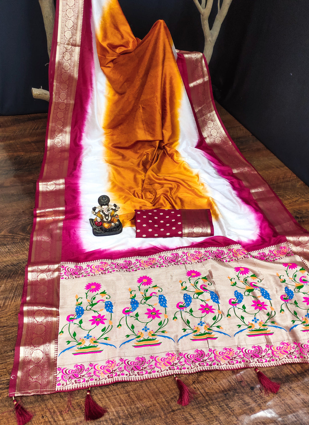 Orange Rukmani Pure Paithani Saree Contrast Woven Borders And Classic Paithani Pallu