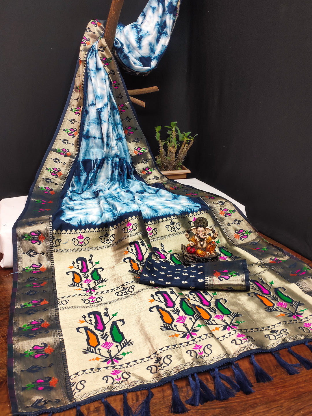 Blue Revati Sibori Print Paithani Silk Sarees With Gold Zari Paithani Border & Contrast Rich Pallu