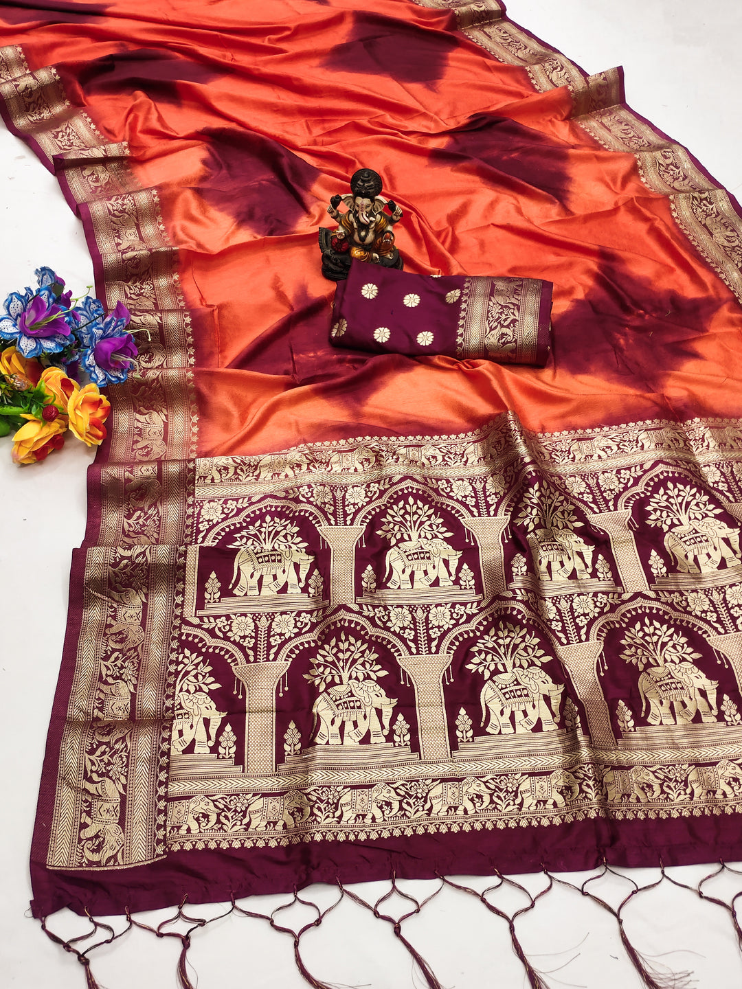 Orange Prushti Sibori Print Silk Sarees With Gold Zari Minakari Border & Contrast Rich Pallu