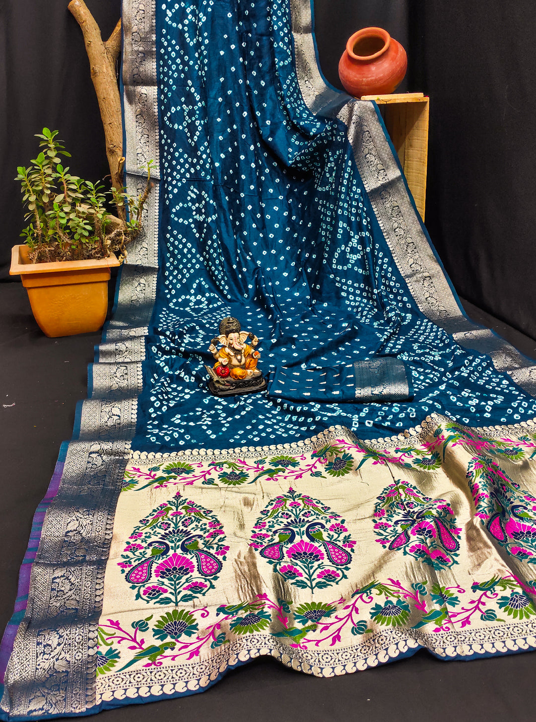 Sky Blue Subhadra Bandhej Kanjivaram Silk Saree With Kanjivaram Border With Zari Paithani Rich Pallu