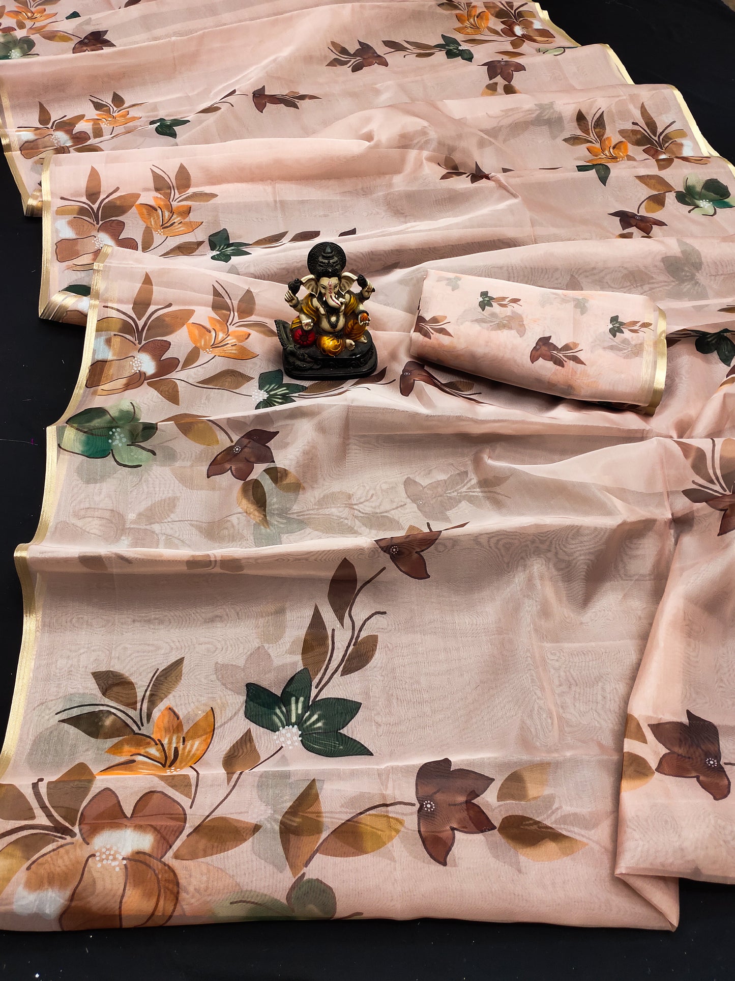 Peach Vrinda Organza Digital Print Soft Shiny Art Silk Saree With Inspired Gold Border
