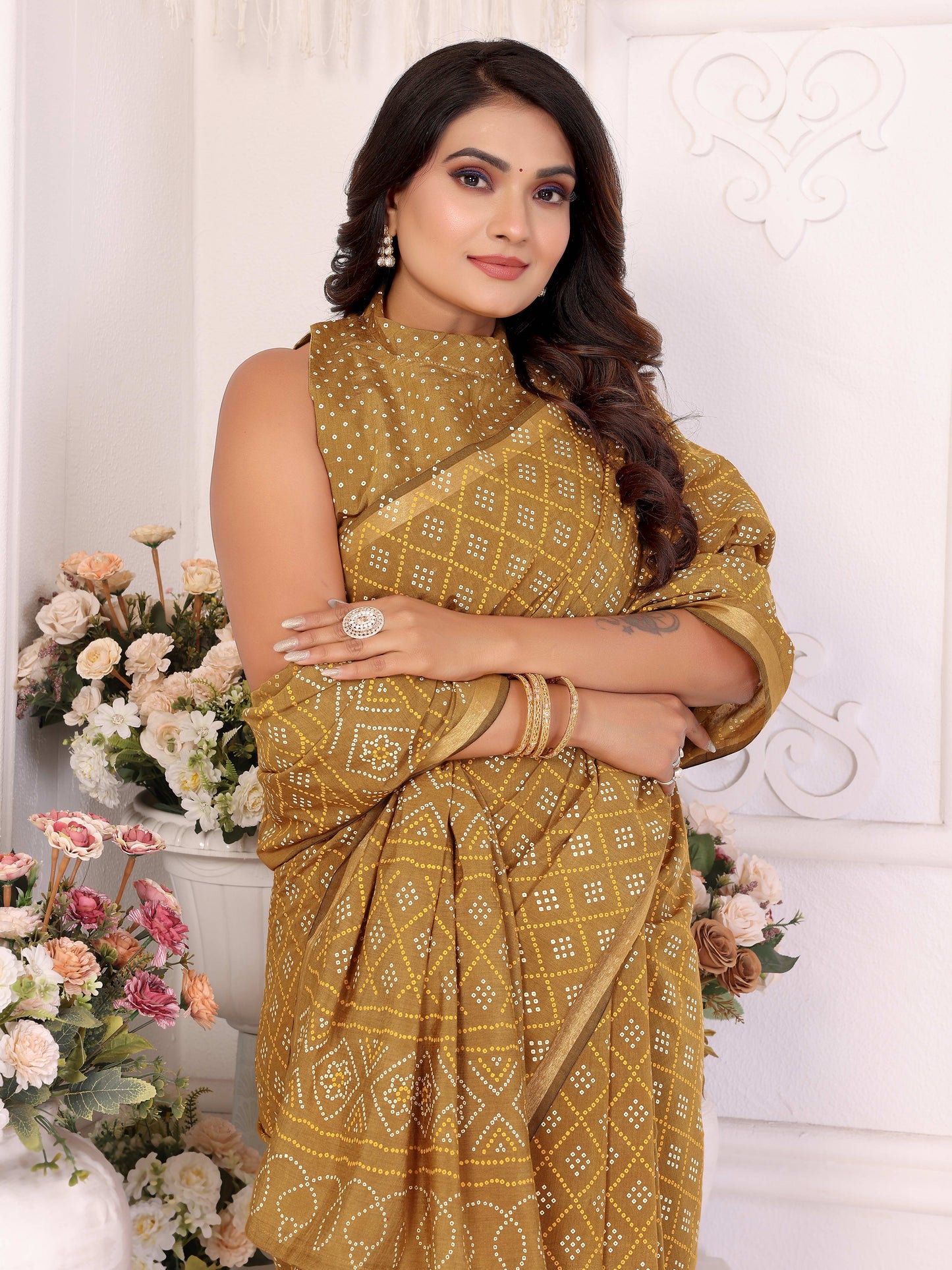 Beige Amba Pure Patola And Bandhej Pattern Soft Cotton Light Weight Saree