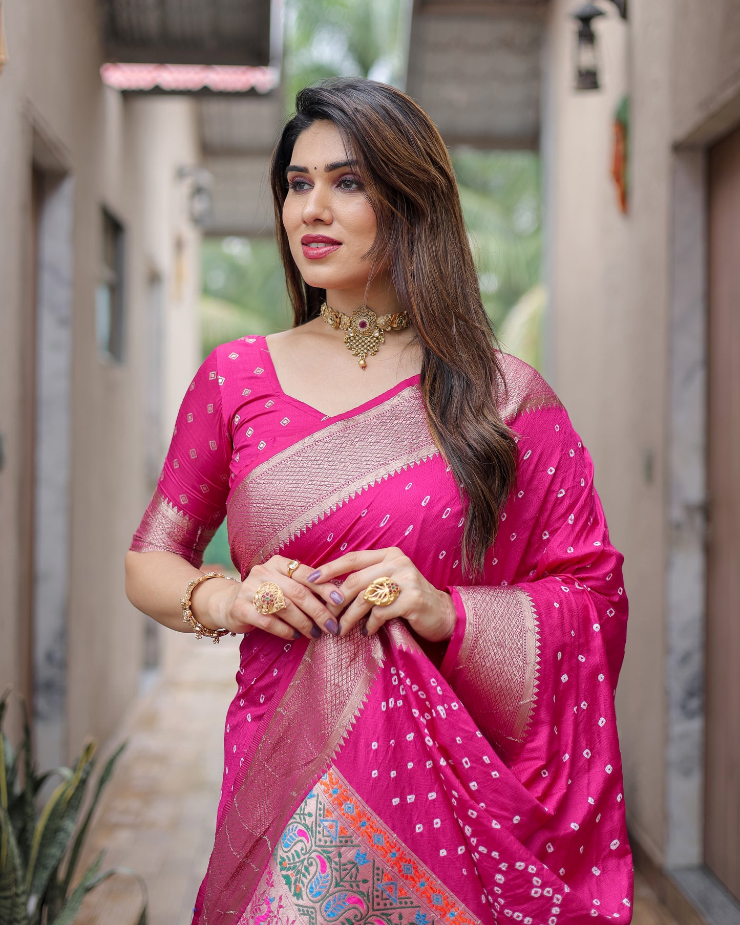 Dark Pink Yashomati Dola Soft Silk Bandhej Sarees With Awesome Two Sides Jari Border & Paithani Style Rich Pallu