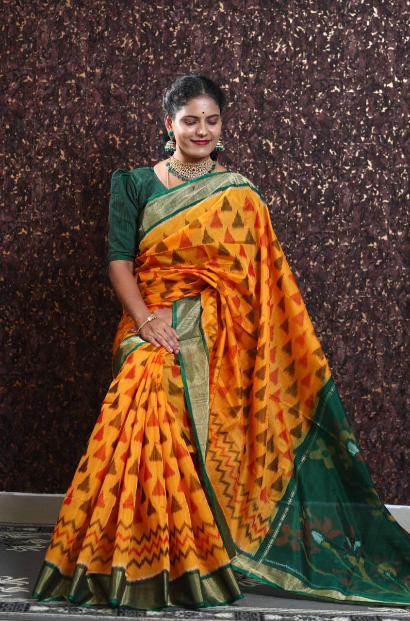 Orange-Green Pramila Patola Digital Print With Golden Weaving Border & Digital Printed Ikkat Design Pallu