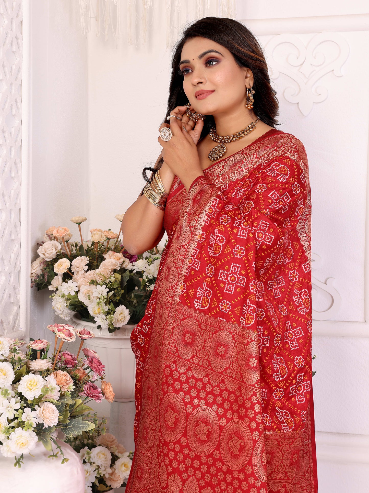 Red Samshira Soft Satin Silk Bandhej Print Saree With Zari Border Design And Having Rich Pallu