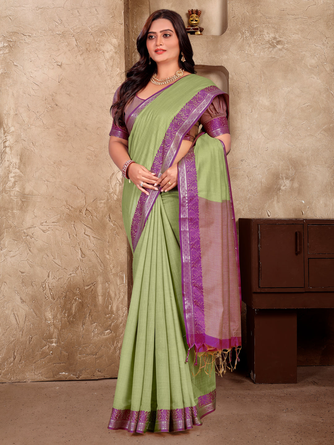 Parrot-Green Mohini-1 Linen Soft Silk Saree That Has Shine And Shimmer,Sheer Skin With Kanjivaram Border