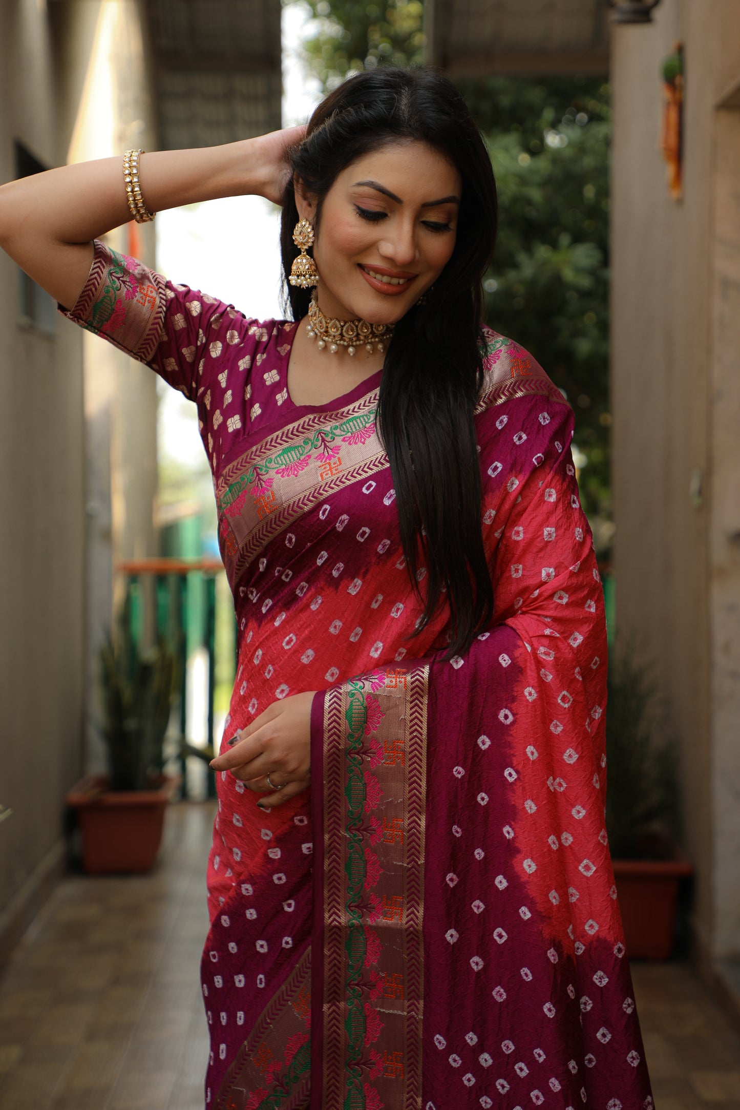 Peach Swastik Pure Bandhej Silk Saree With Minakari Border Kalash & Swastik Design Rich Pallu Saree
