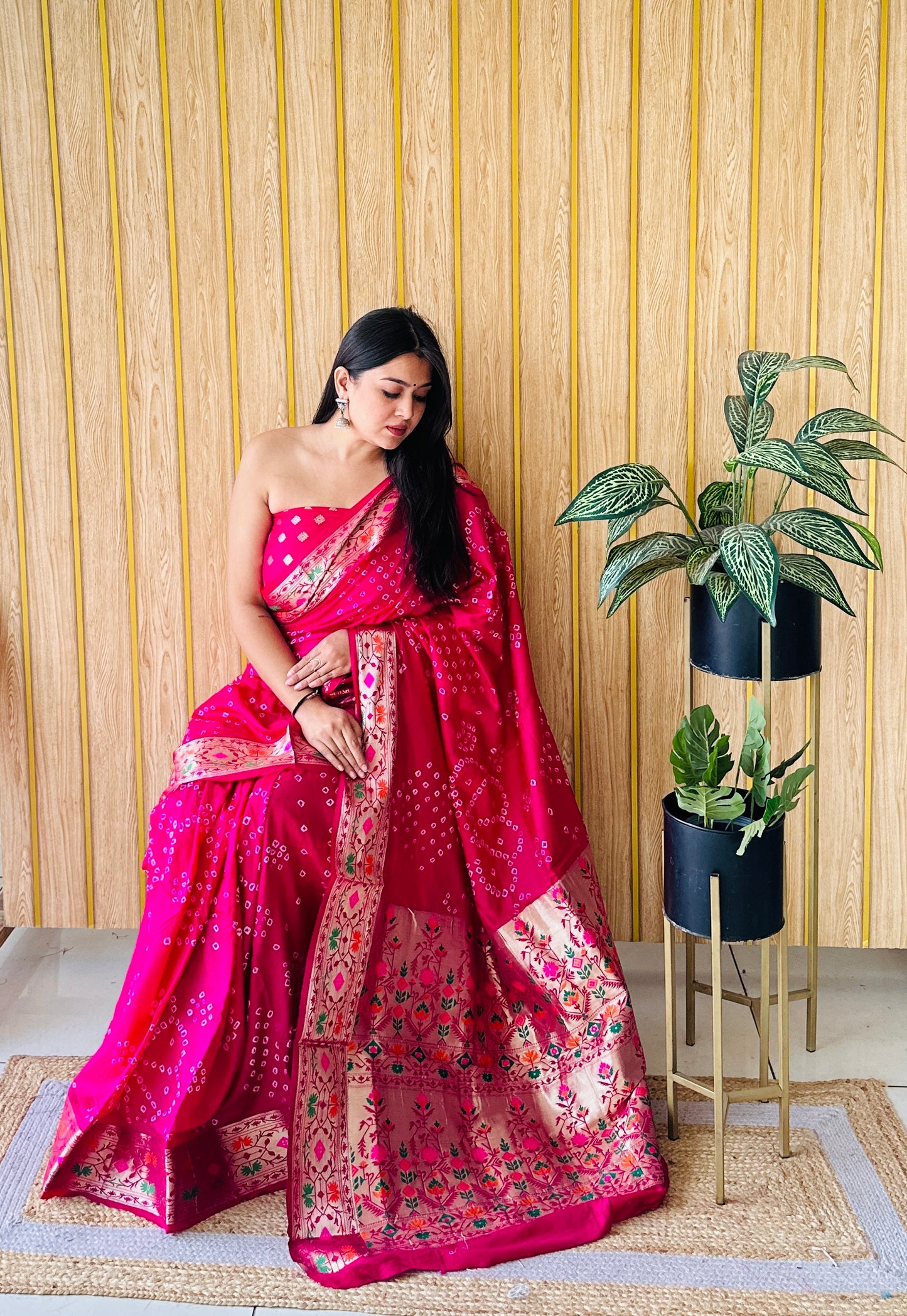 Dark Pink Deewani Pure Bandhej Silk Saree With Patola Border With Zari Weaving Paithani Rich Pallu Saree