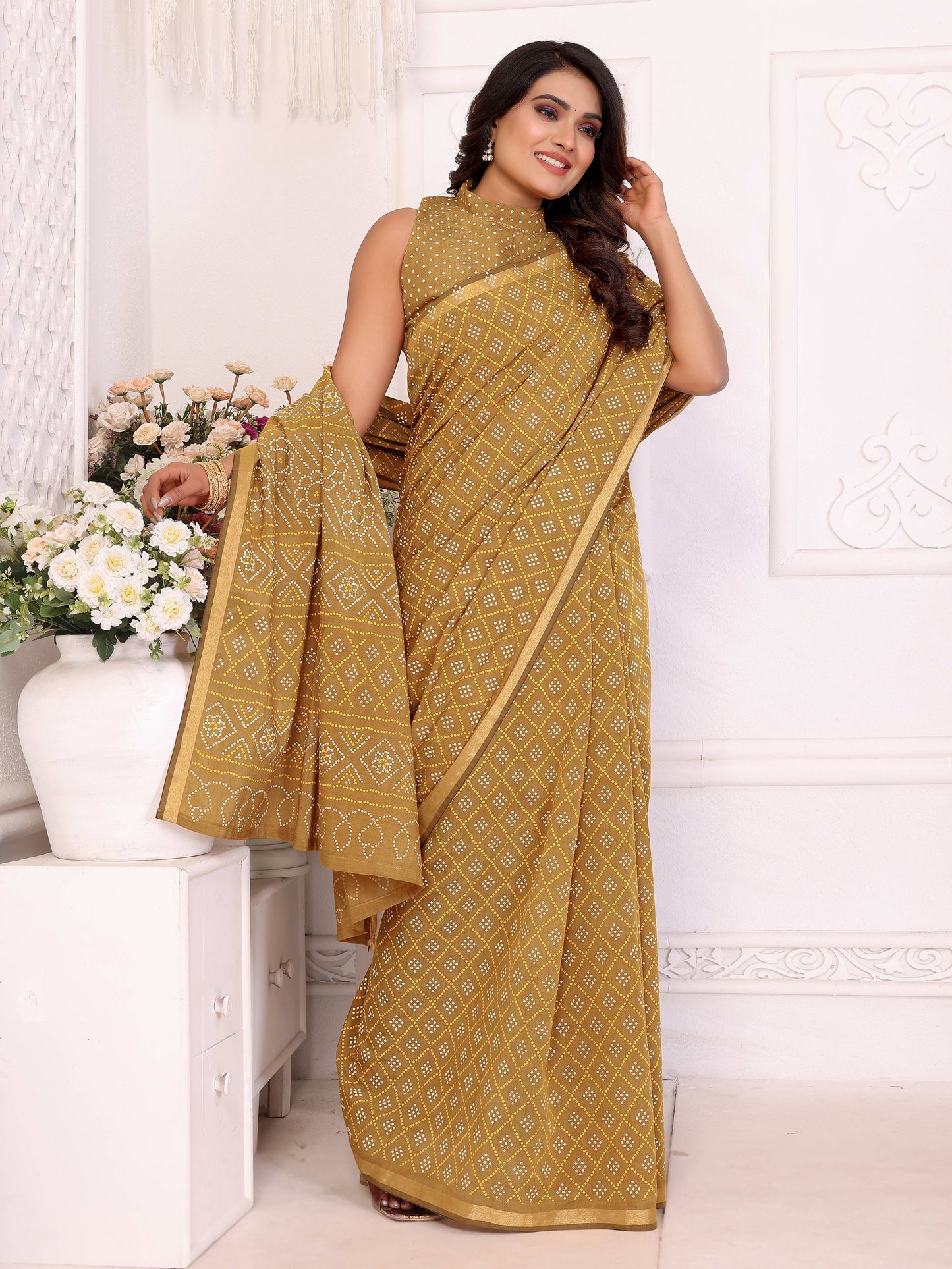 Beige Amba Pure Patola And Bandhej Pattern Soft Cotton Light Weight Saree