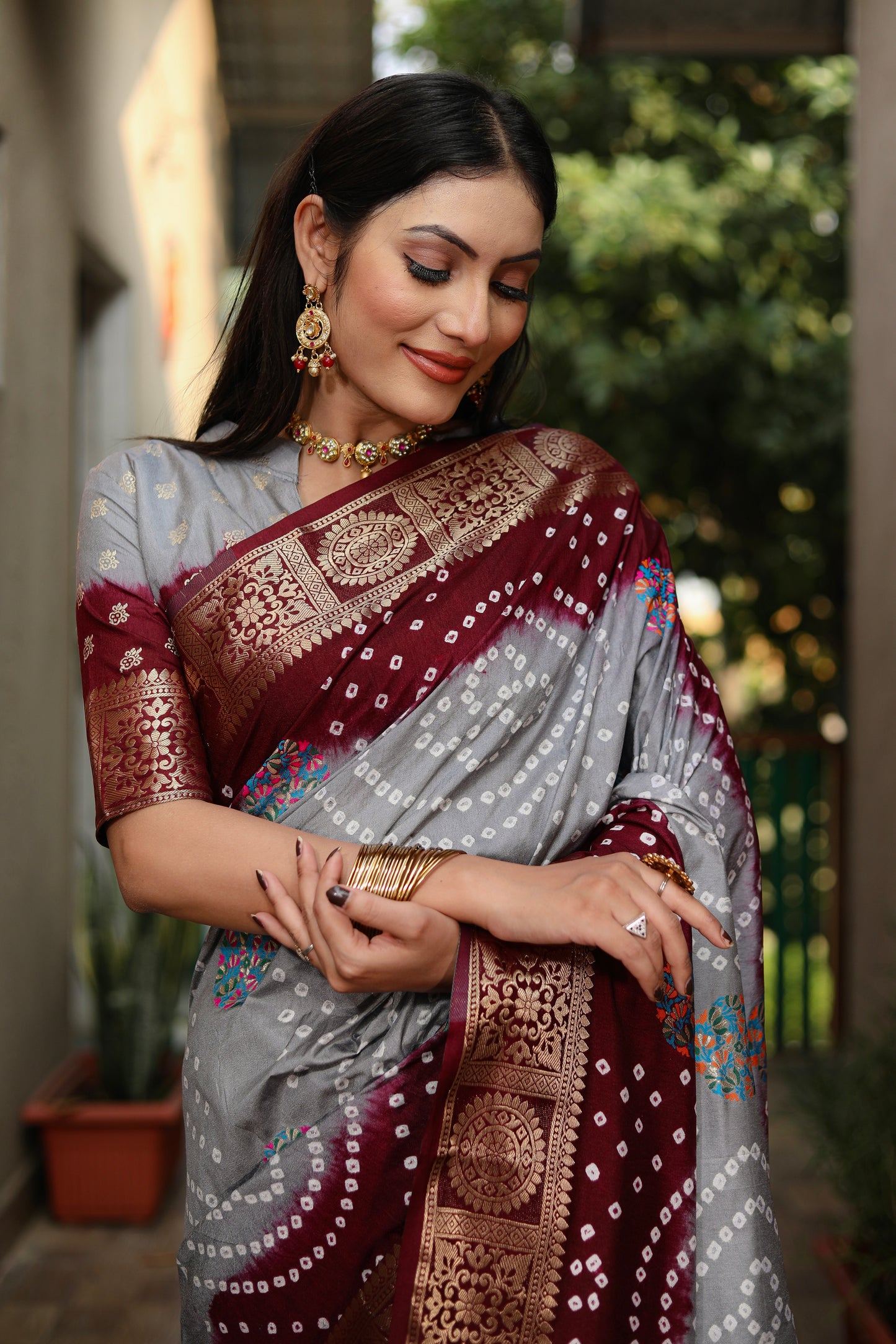 Gray Ishani Pure Bandhej Silk Saree Minakari Weaving Butta With Zari
