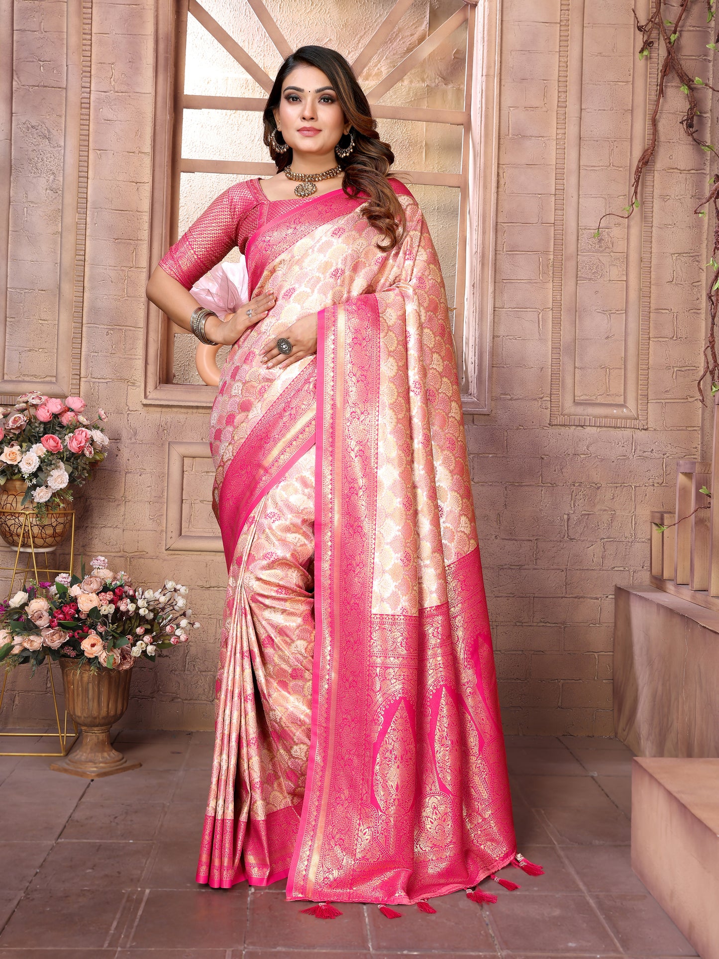 Cream-Pink Chaturi-1 Banarasi Chaturi silk saree Jari weaving Border and Weaving rich pallu