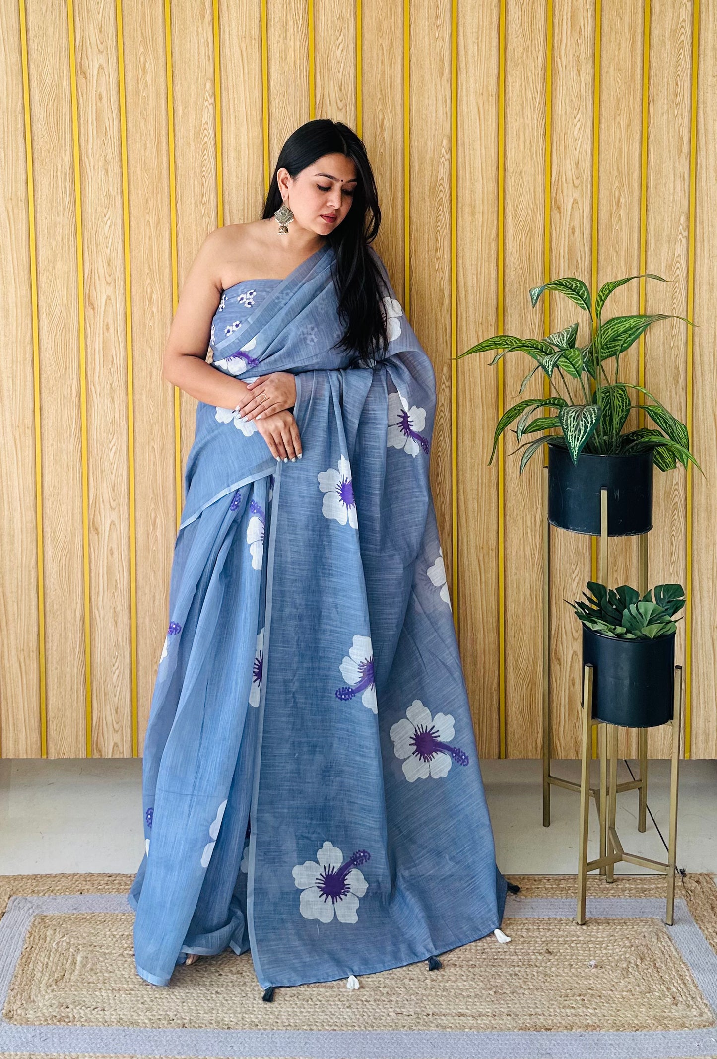 Dark Gray Champa-2 Soft Linen Cotton Digital Print Sarees With Flower Print & Printed Pallu