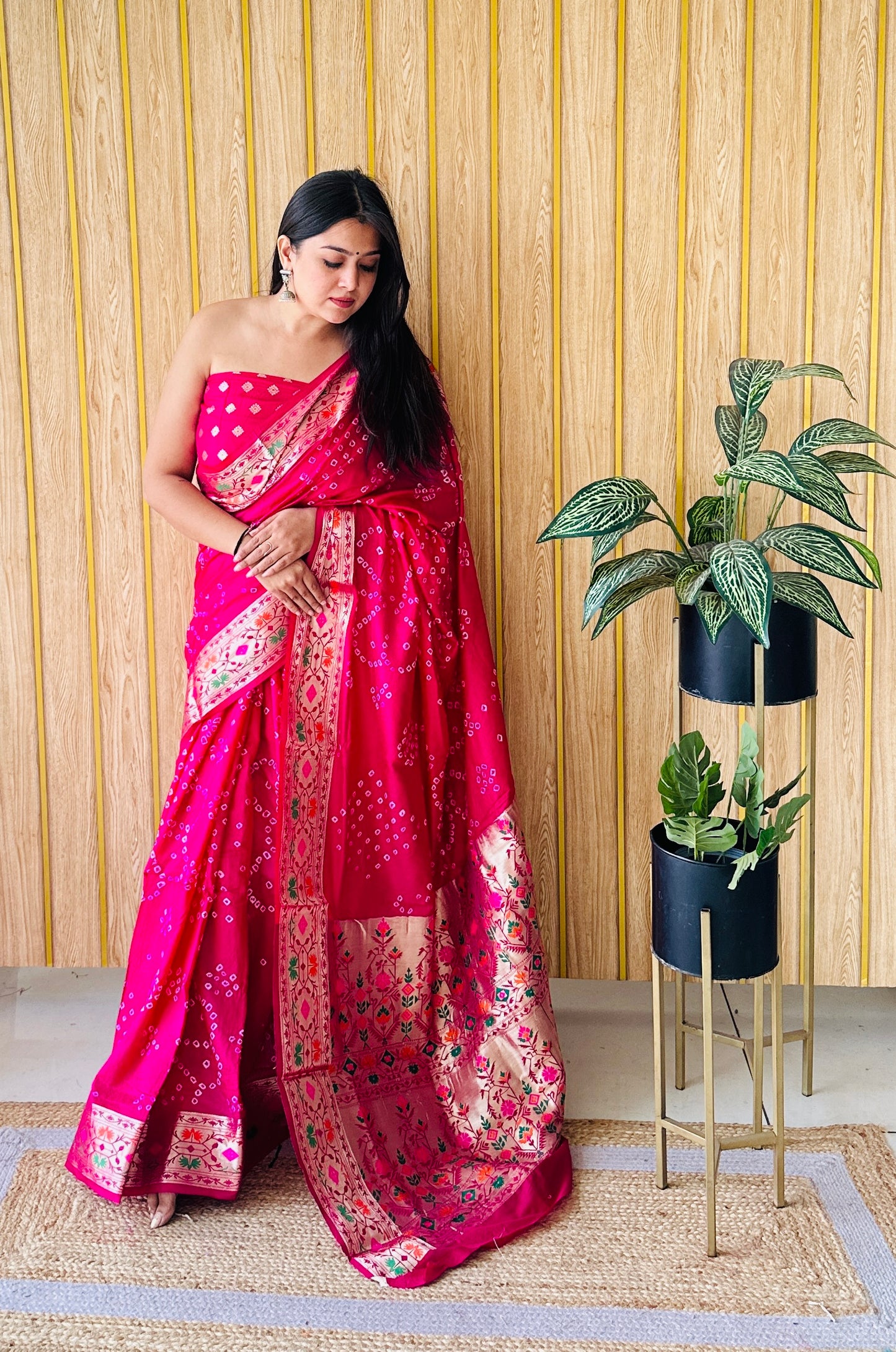 Dark Pink Deewani Pure Bandhej Silk Saree With Patola Border With Zari Weaving Paithani Rich Pallu Saree