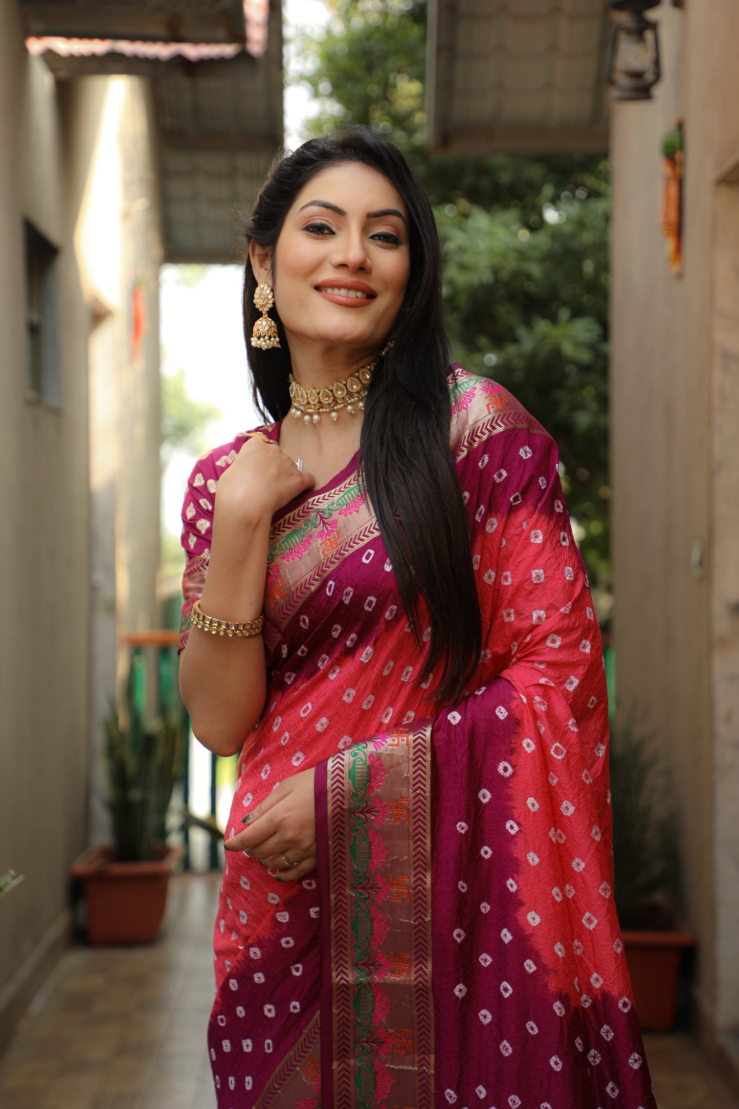 Peach Swastik Pure Bandhej Silk Saree With Minakari Border Kalash & Swastik Design Rich Pallu Saree