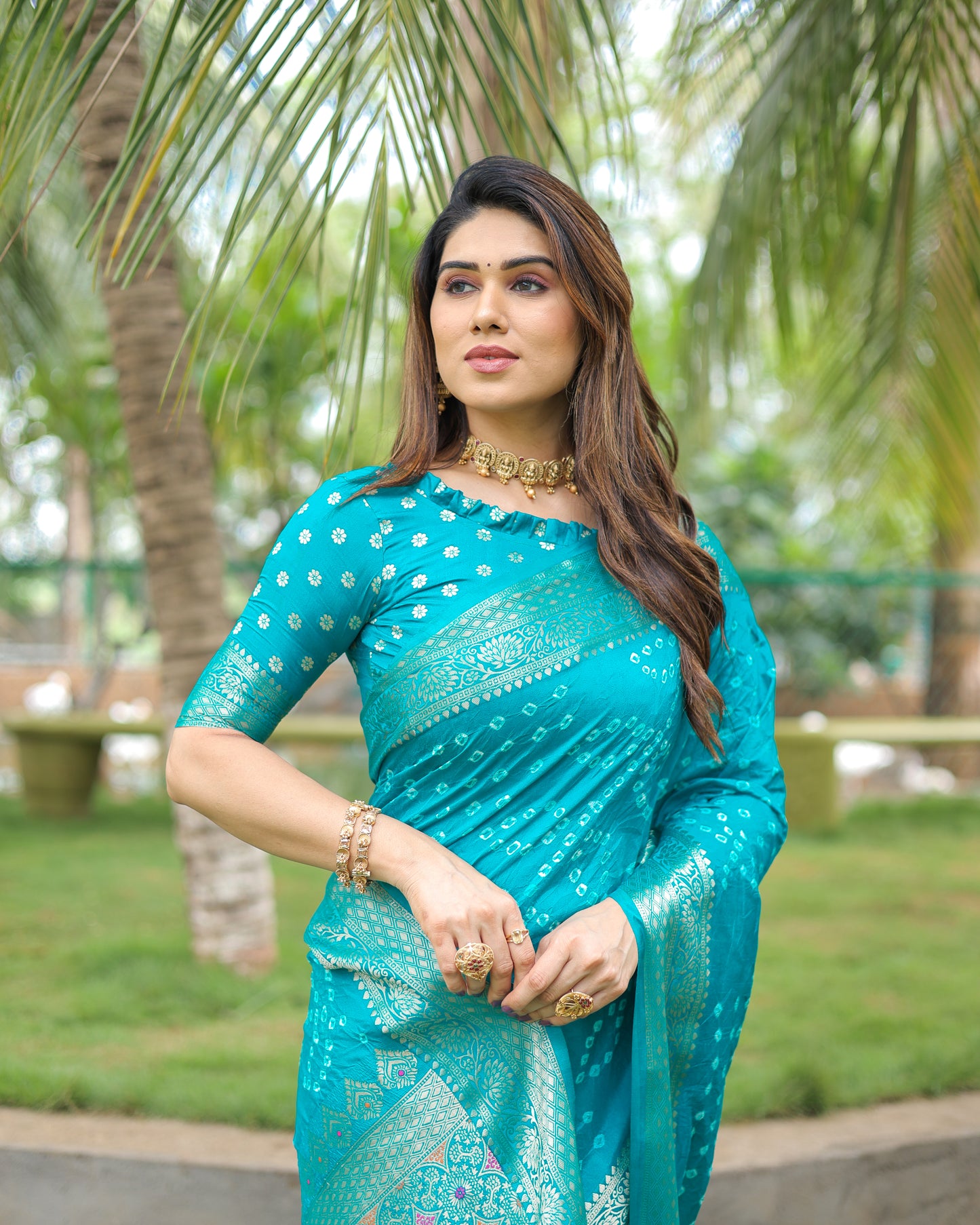 Sky Padmavati Dola Soft Silk Bandhej Saree With All Over Handmade Bandhej With Jari Weaving Border