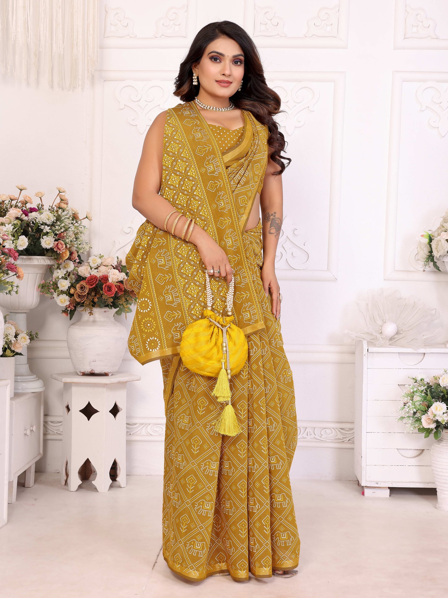 Yellow Ambika Pure Patola And Bandhej Pattern Soft Cotton Light Weight Saree