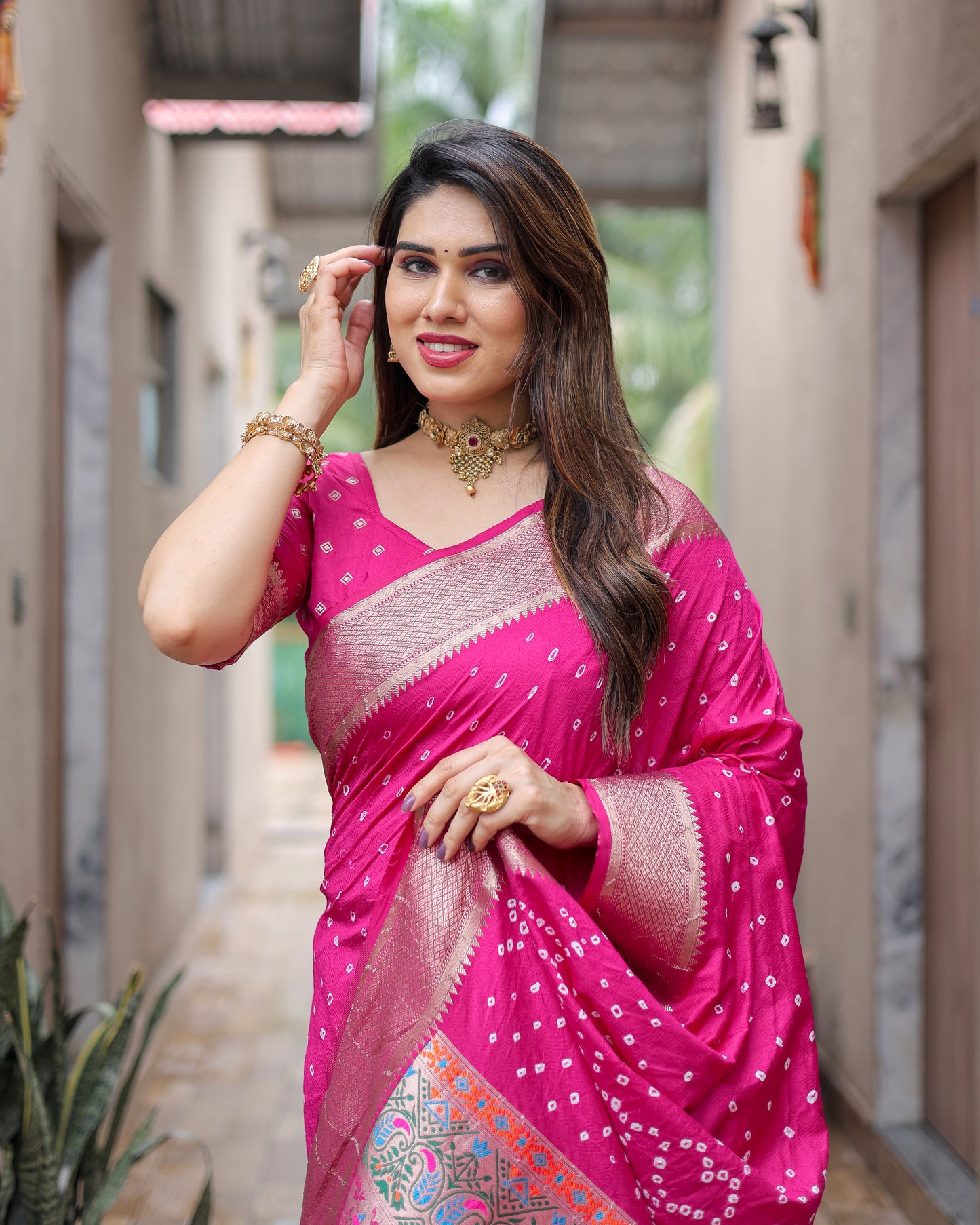 Dark Pink Yashomati Dola Soft Silk Bandhej Sarees With Awesome Two Sides Jari Border & Paithani Style Rich Pallu