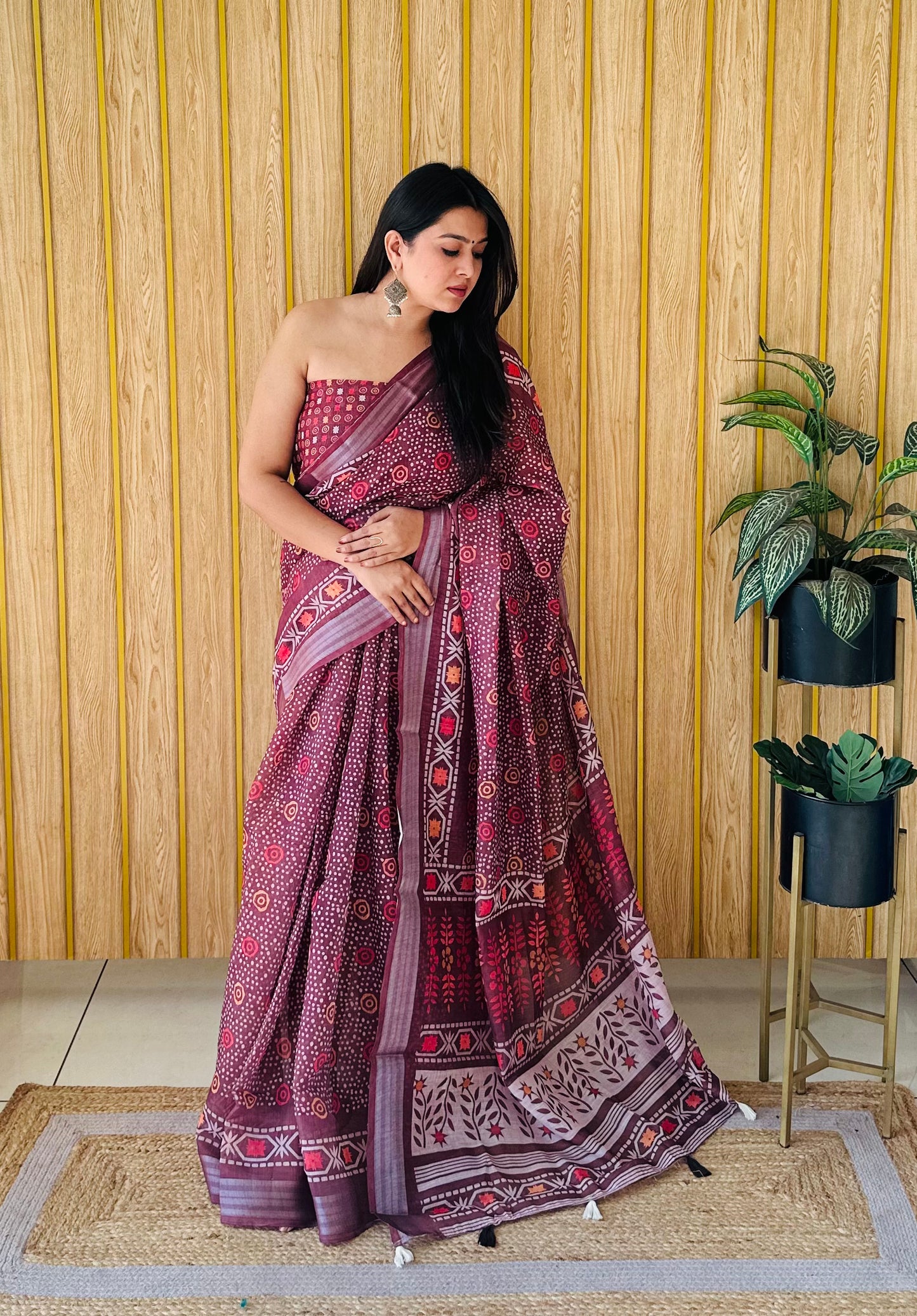 Brown Namrata Soft Linen Cotton Digital Print Sarees With Batik Print With Silver Border