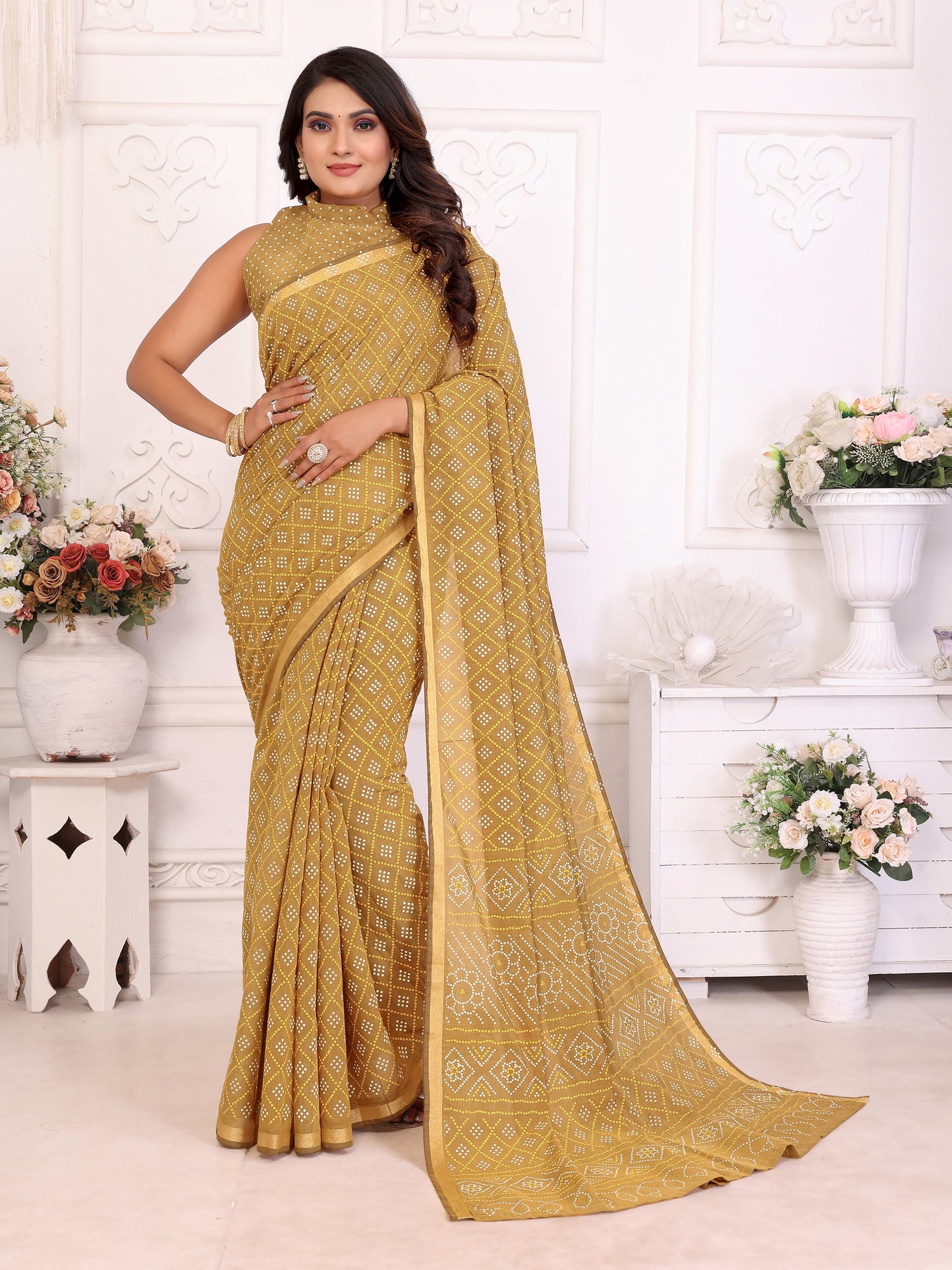 Beige Amba Pure Patola And Bandhej Pattern Soft Cotton Light Weight Saree