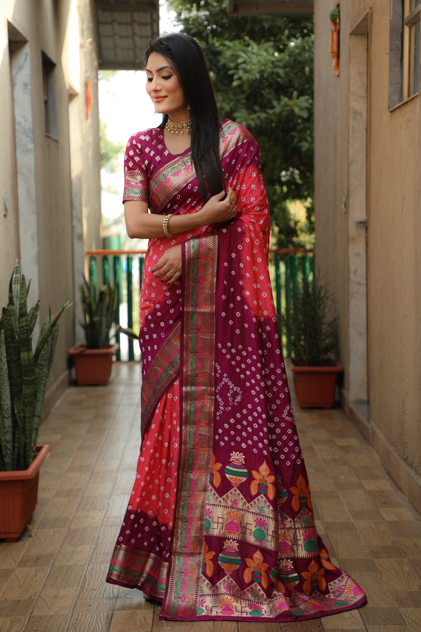 Peach Swastik Pure Bandhej Silk Saree With Minakari Border Kalash & Swastik Design Rich Pallu Saree