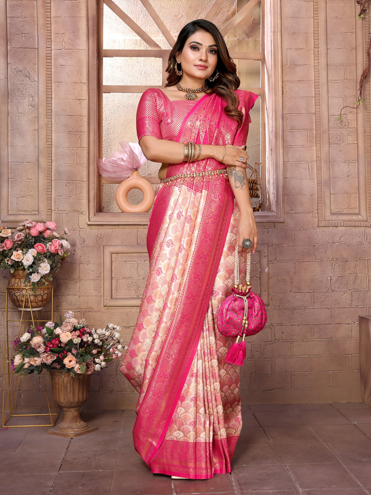 Cream-Pink Chaturi-1 Banarasi Chaturi silk saree Jari weaving Border and Weaving rich pallu