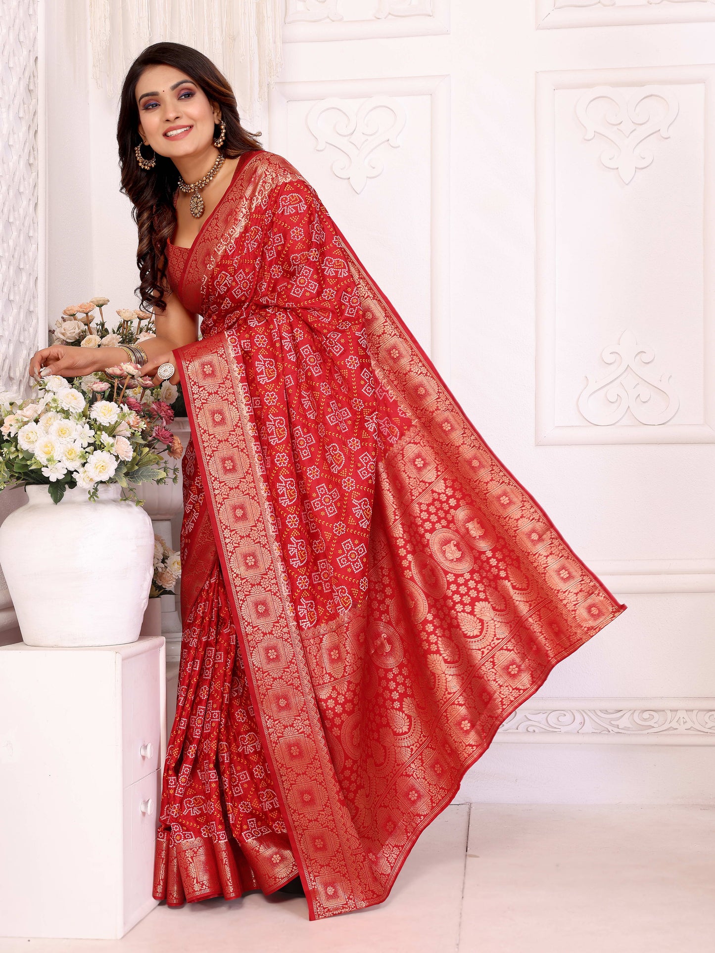 Red Samshira Soft Satin Silk Bandhej Print Saree With Zari Border Design And Having Rich Pallu