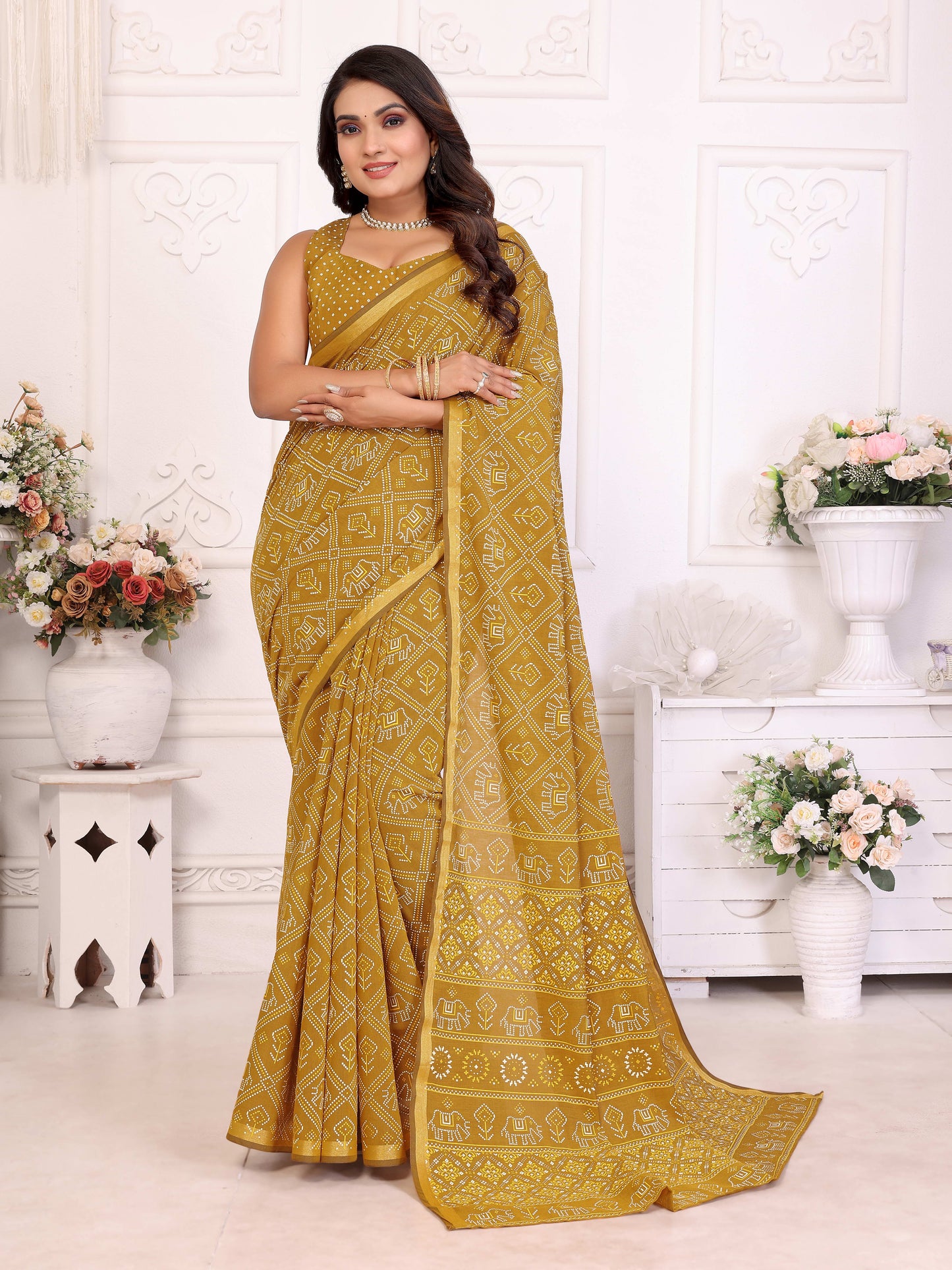 Yellow Ambika Pure Patola And Bandhej Pattern Soft Cotton Light Weight Saree