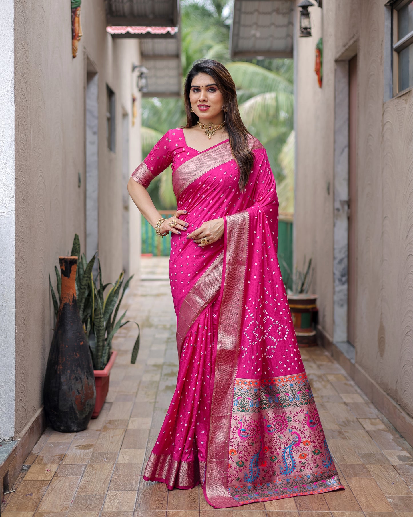 Dark Pink Yashomati Dola Soft Silk Bandhej Sarees With Awesome Two Sides Jari Border & Paithani Style Rich Pallu