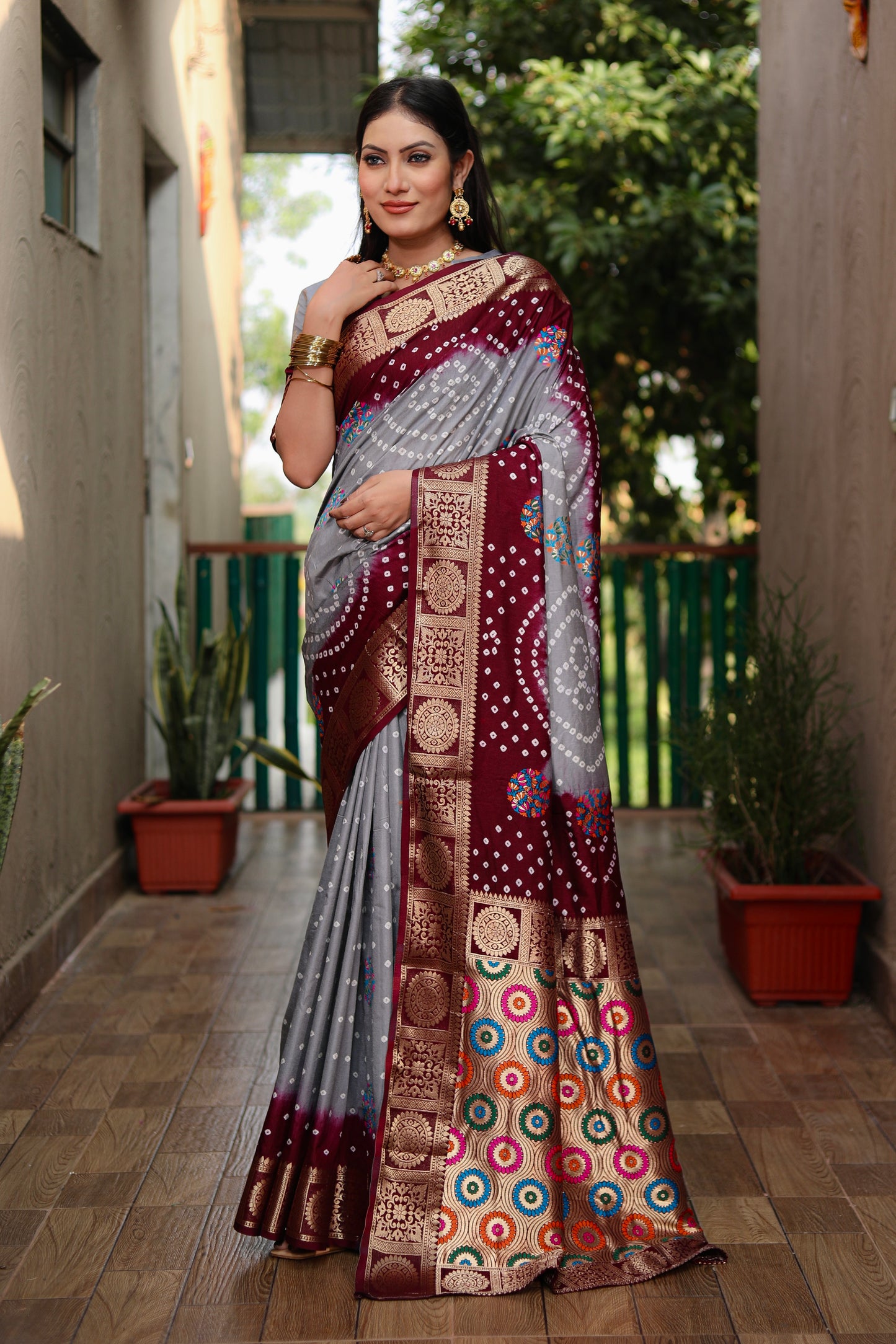 Gray Ishani Pure Bandhej Silk Saree Minakari Weaving Butta With Zari