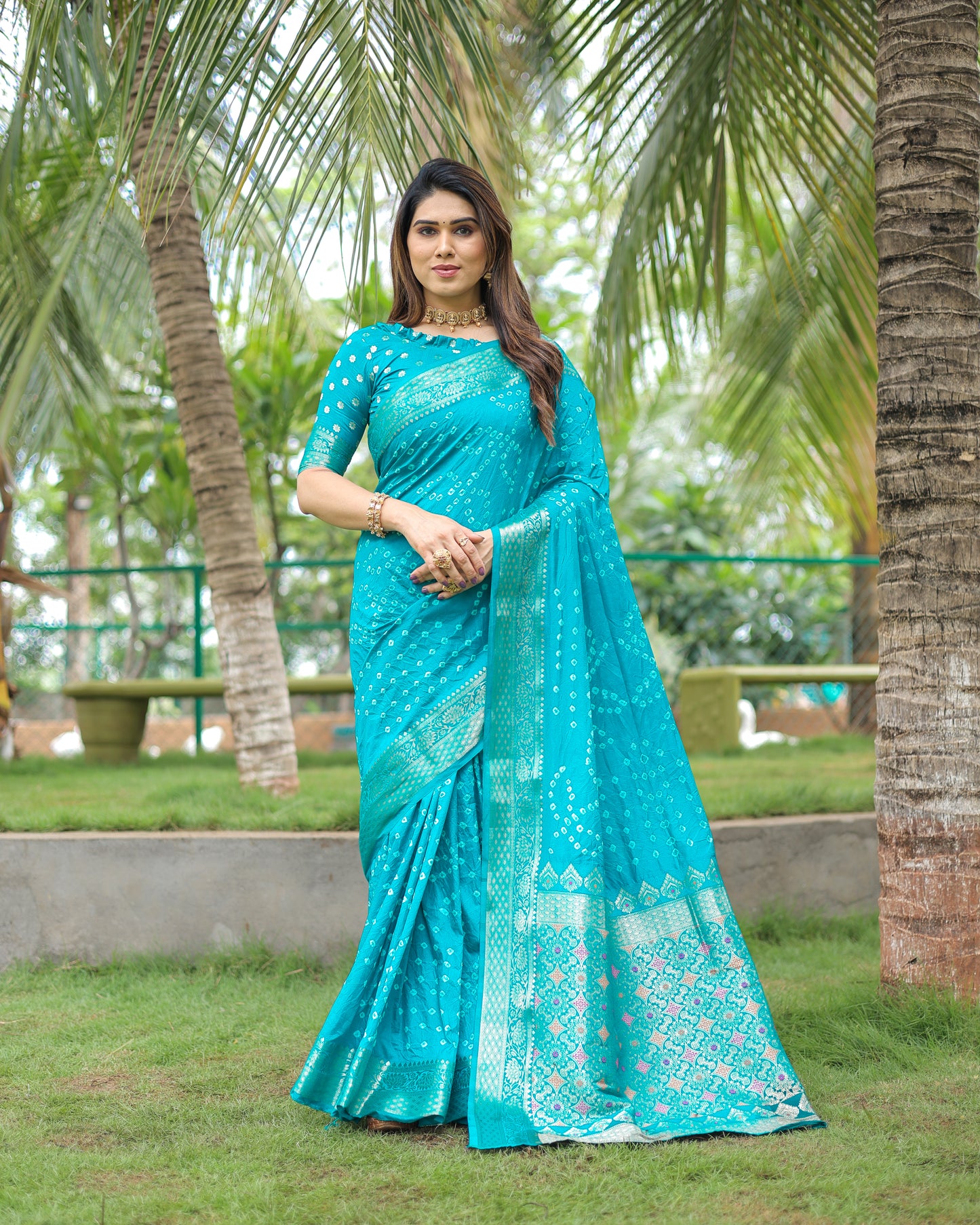 Sky Padmavati Dola Soft Silk Bandhej Saree With All Over Handmade Bandhej With Jari Weaving Border