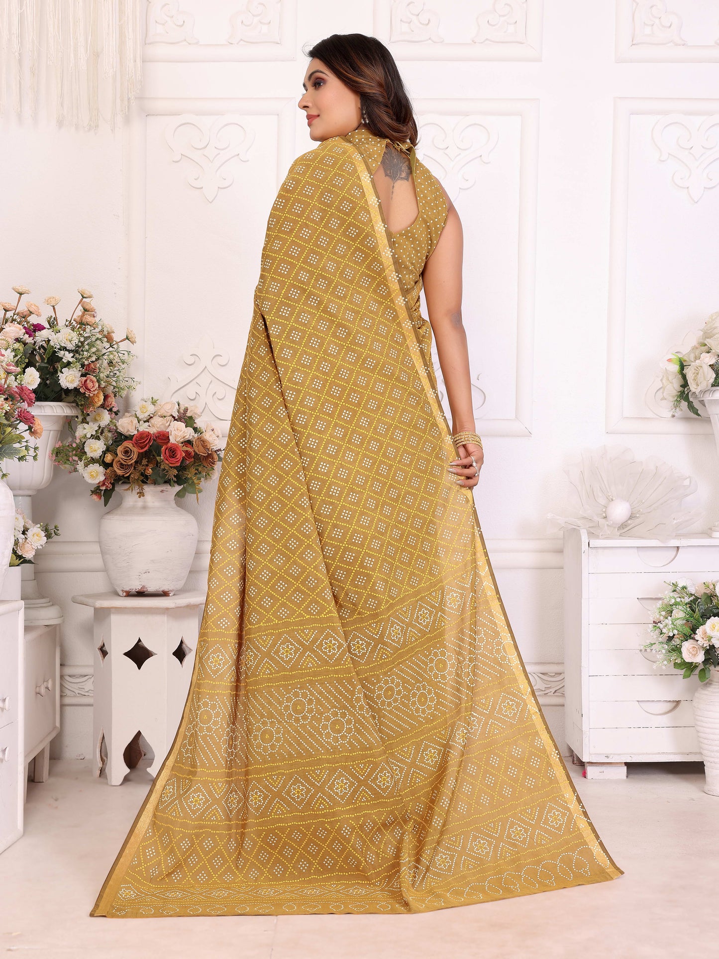 Beige Amba Pure Patola And Bandhej Pattern Soft Cotton Light Weight Saree