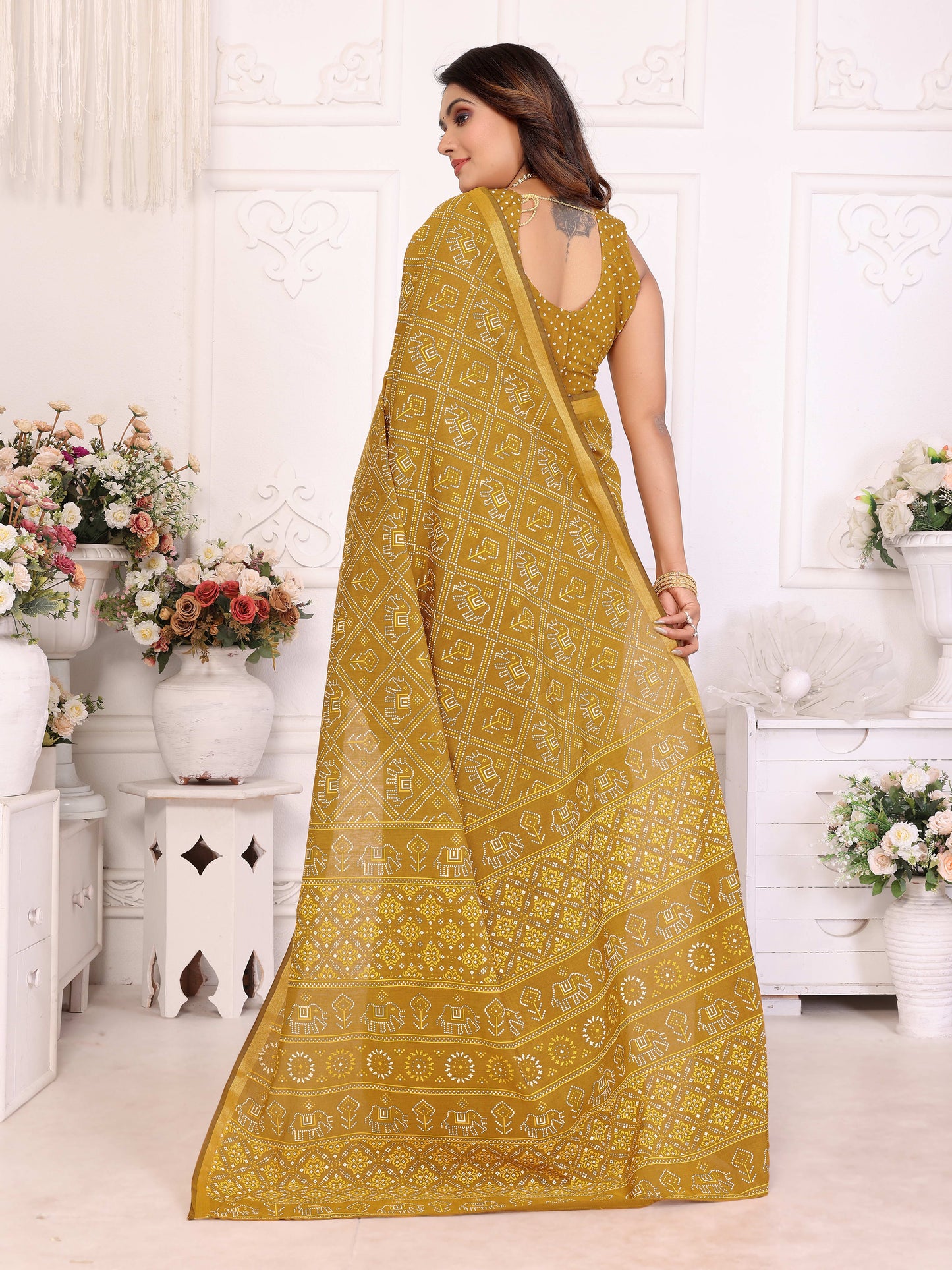 Yellow Ambika Pure Patola And Bandhej Pattern Soft Cotton Light Weight Saree